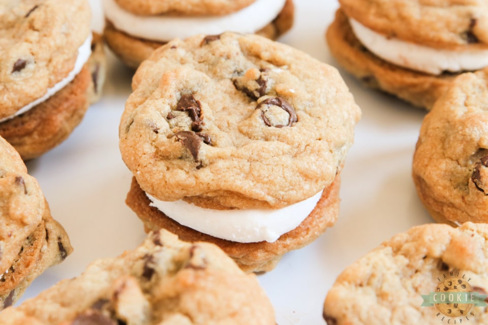 S'mores Cookie Sandwiches are made with graham cracker chocolate chip cookies and a simple marshmallow filling. Even if you don't love s'mores, you will love these cookie sandwiches!