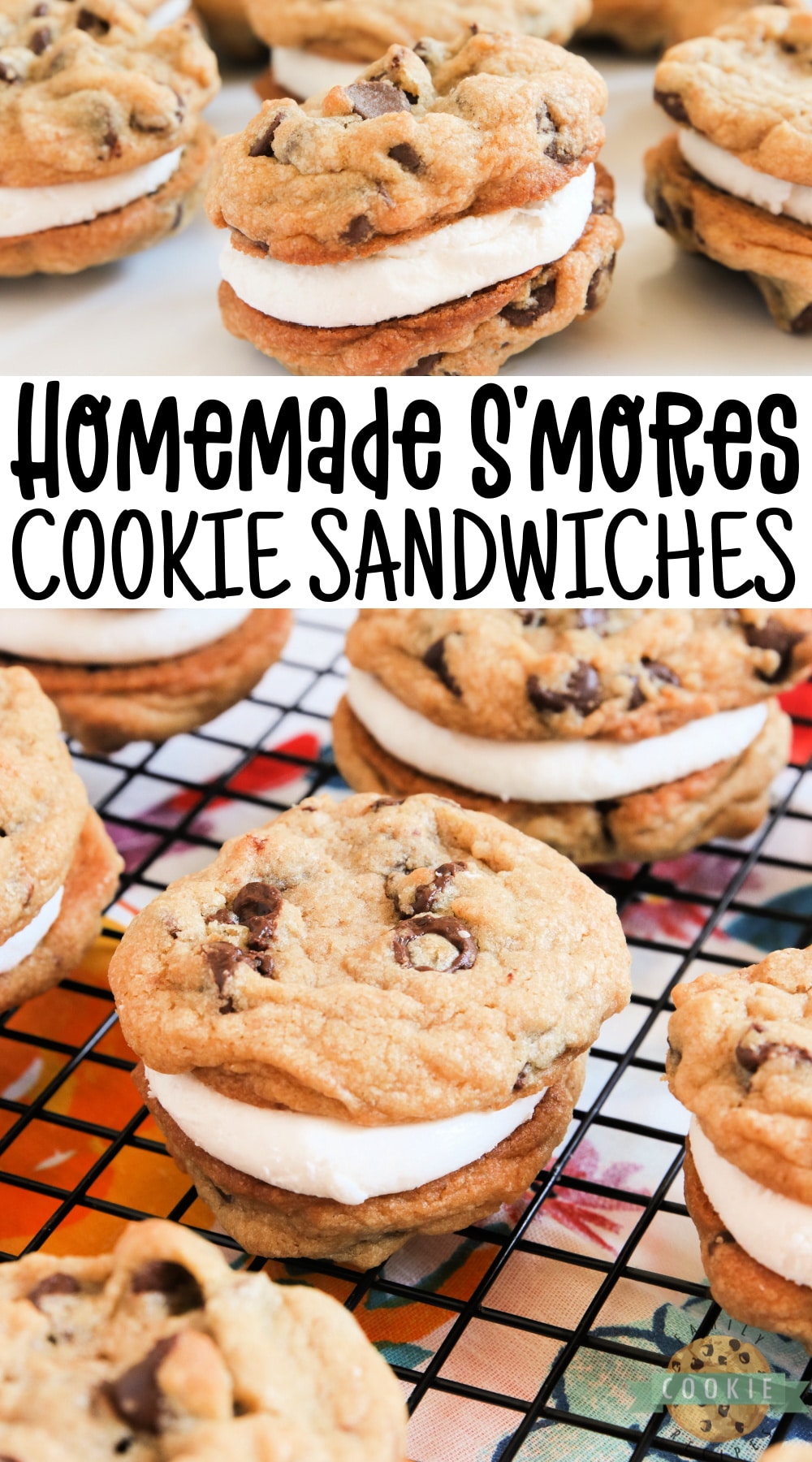 S'mores Cookie Sandwiches are made with graham cracker chocolate chip cookies and a simple marshmallow filling. Even if you don't love s'mores, you will love these cookie sandwiches! 
