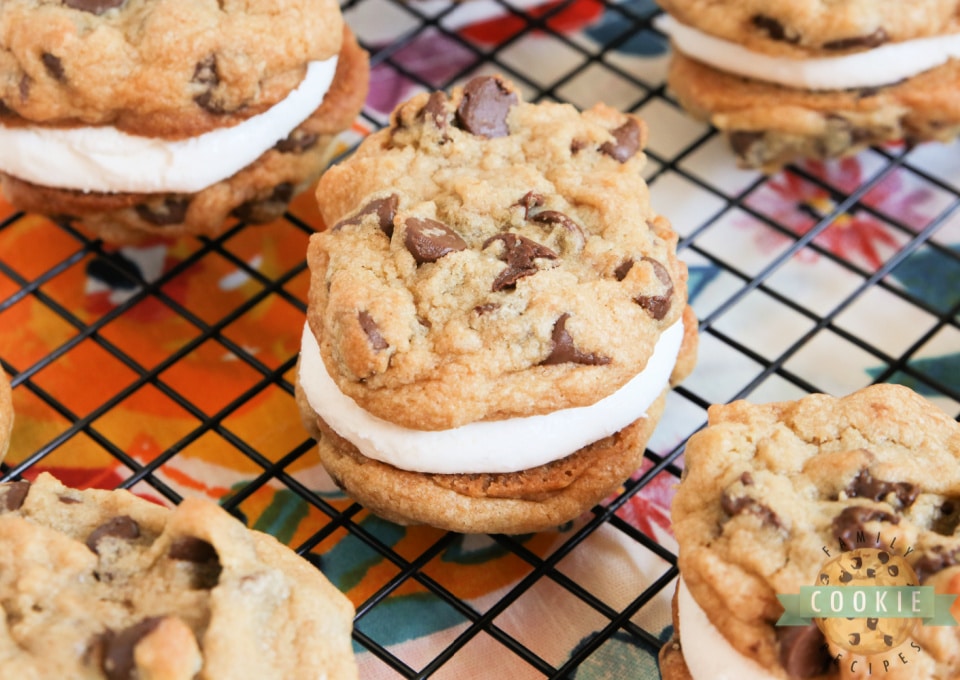 S'mores Cookie Sandwiches are made with graham cracker chocolate chip cookies and a simple marshmallow filling. Even if you don't love s'mores, you will love these cookie sandwiches! 