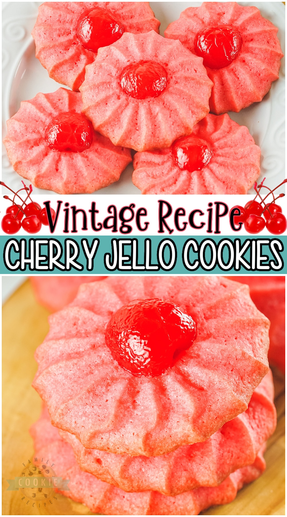 Vintage Cherry Jello cookies are a buttery, delicious cookie with lovely cherry flavor! Classic jello cookie recipe with maraschino cherries perfect for the holidays, or any occasion! #cookies #cherry #jello #vintage #baking #holidays #easyrecipe from FAMILY COOKIE RECIPES via @buttergirls