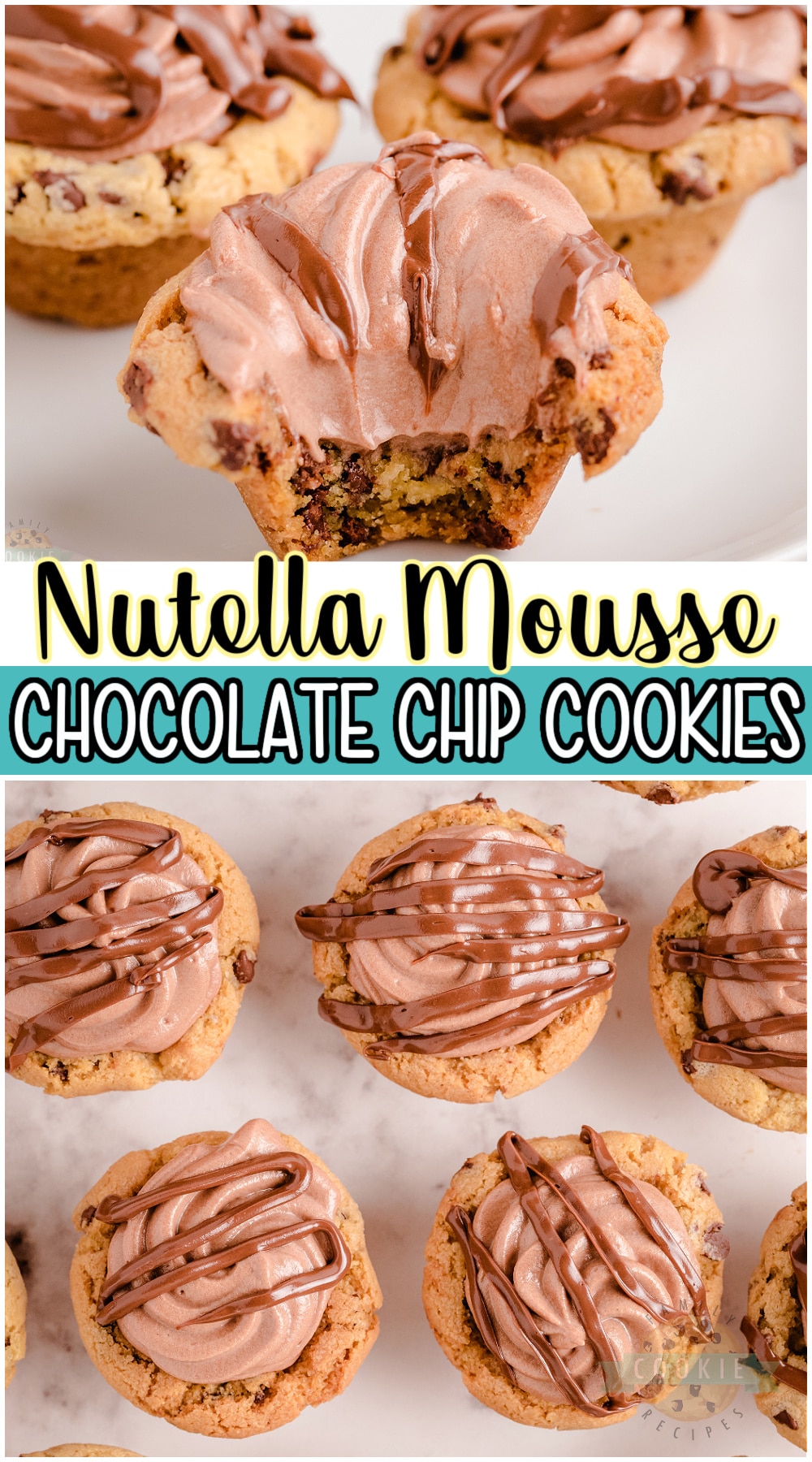 Nutella Mousse cookies made with chocolate chip cookie cups & a super simple Nutella Mousse inside! Nutella lovers go CRAZY over these cute little cookies! #nutella #cookies #baking #dessert #easyrecipe from FAMILY COOKIE RECIPES via @buttergirls