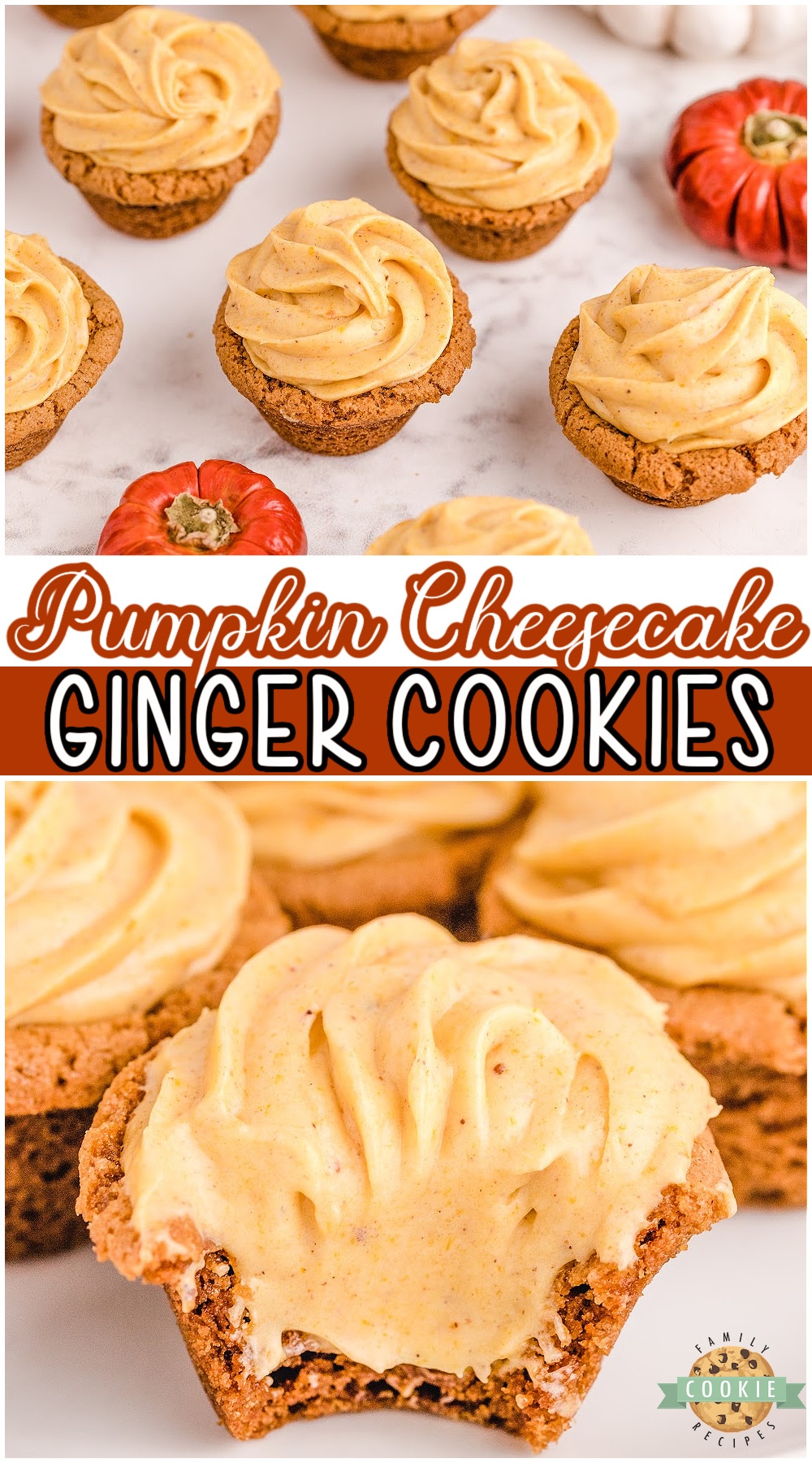 Ginger Cookies filled with a delicious spiced Pumpkin Cheesecake perfect for Fall! Lovely pumpkin cheesecake ginger cookie recipe that everyone loves! #cookies #ginger #pumpkin #cheesecake #easyrecipe from FAMILY COOKIE RECIPES