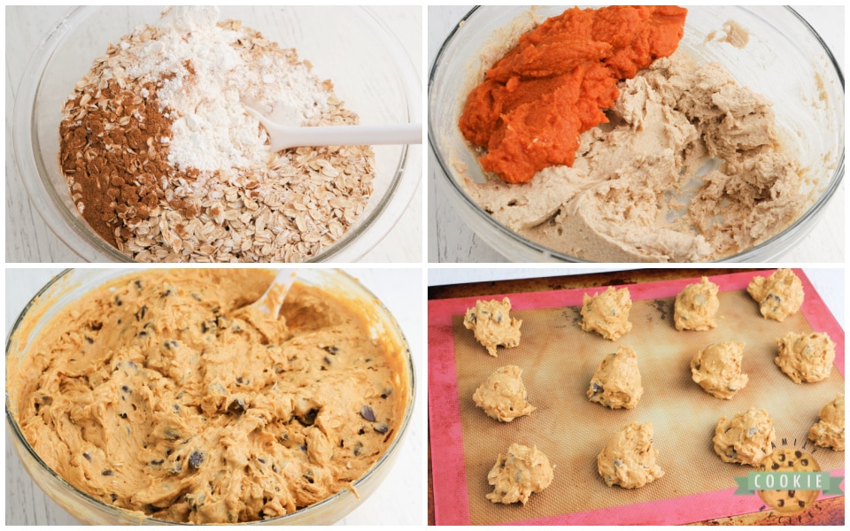 Step by step instructions on how to make pumpkin oatmeal chocolate chip cookies