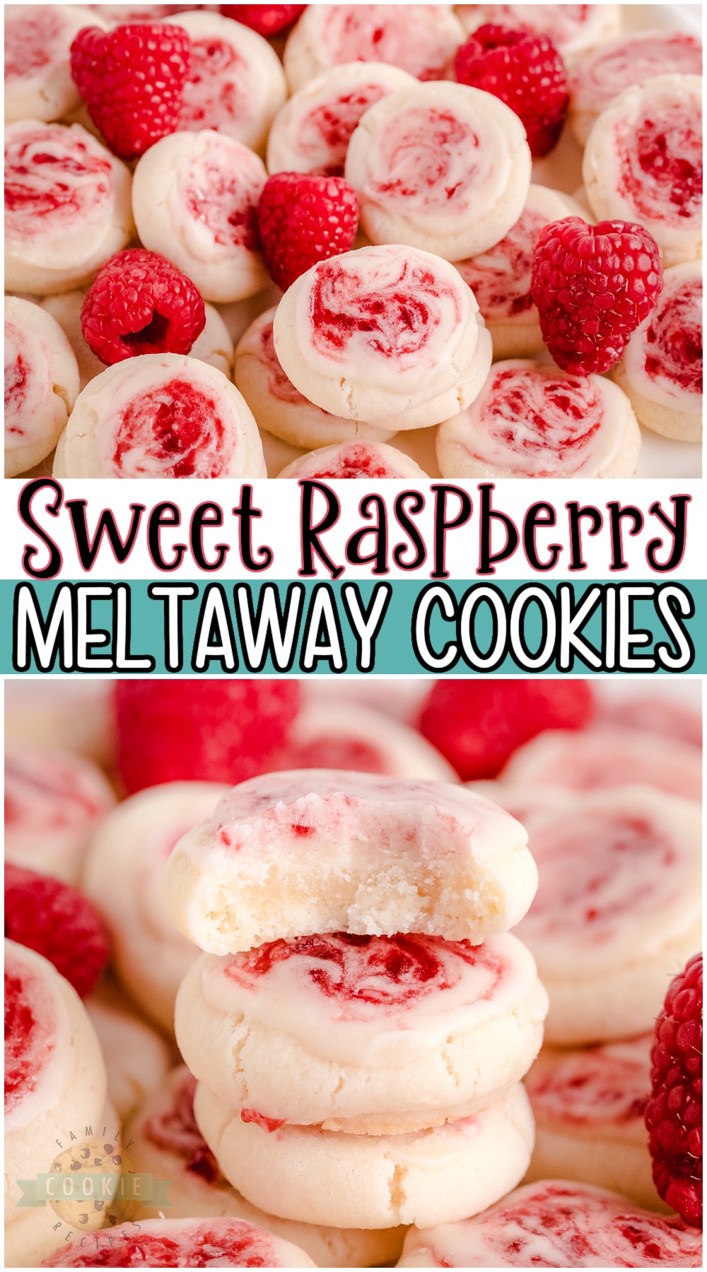 Raspberry Meltaway Cookies just melt in your mouth! Soft dough made with cornstarch and powdered sugar compliments these raspberry cookies beautifully. Perfect topped with a simple almond glaze swirled with raspberry jam. #Cookies #meltaway #raspberry #baking #dessert #cookierecipe from FAMILY COOKIE RECIPE via @buttergirls