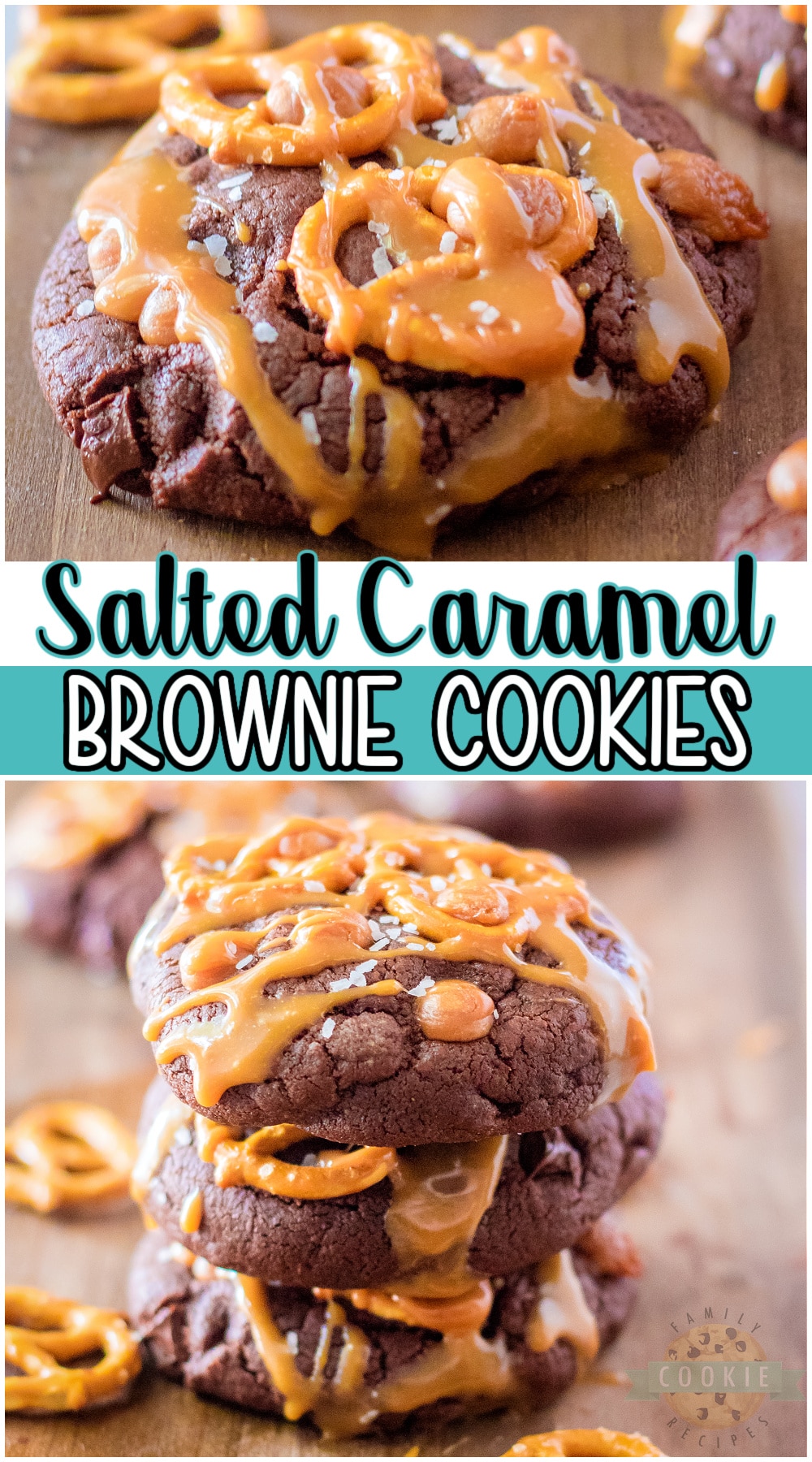 Salted Caramel Brownie Cookies are an indulgent cookie recipe loaded with chocolate & caramel! Salty sweet perfection in a wonderful homemade cookie recipe that everyone loves! #brownie #cookies #caramel #baking #dessert #easyrecipe from FAMILY COOKIE RECIPES via @buttergirls