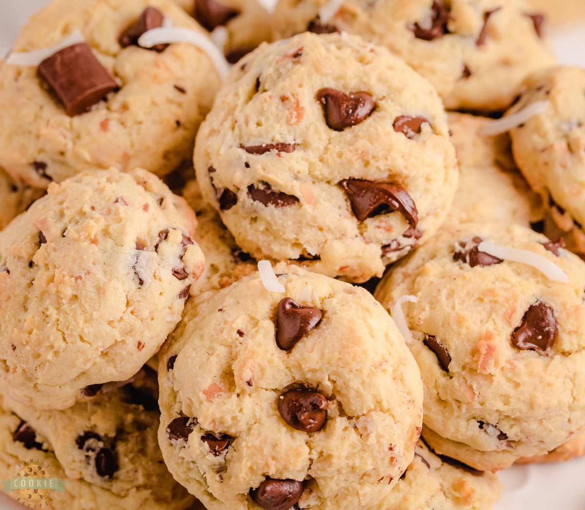 coconut chocolate chip cookies with toasted coconut