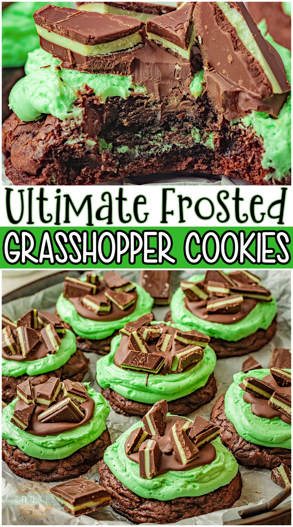 Grasshopper cookies are fudgy brownie cookies stuffed with a Mint Oreo and topped with the ultimate mint chocolate frosting! Indulgent mint chocolate cookies perfect for the holidays. #mint #cookies #chocolate #grasshopper #baking #easyrecipe from FAMILY COOKIE RECIPES via @buttergirls
