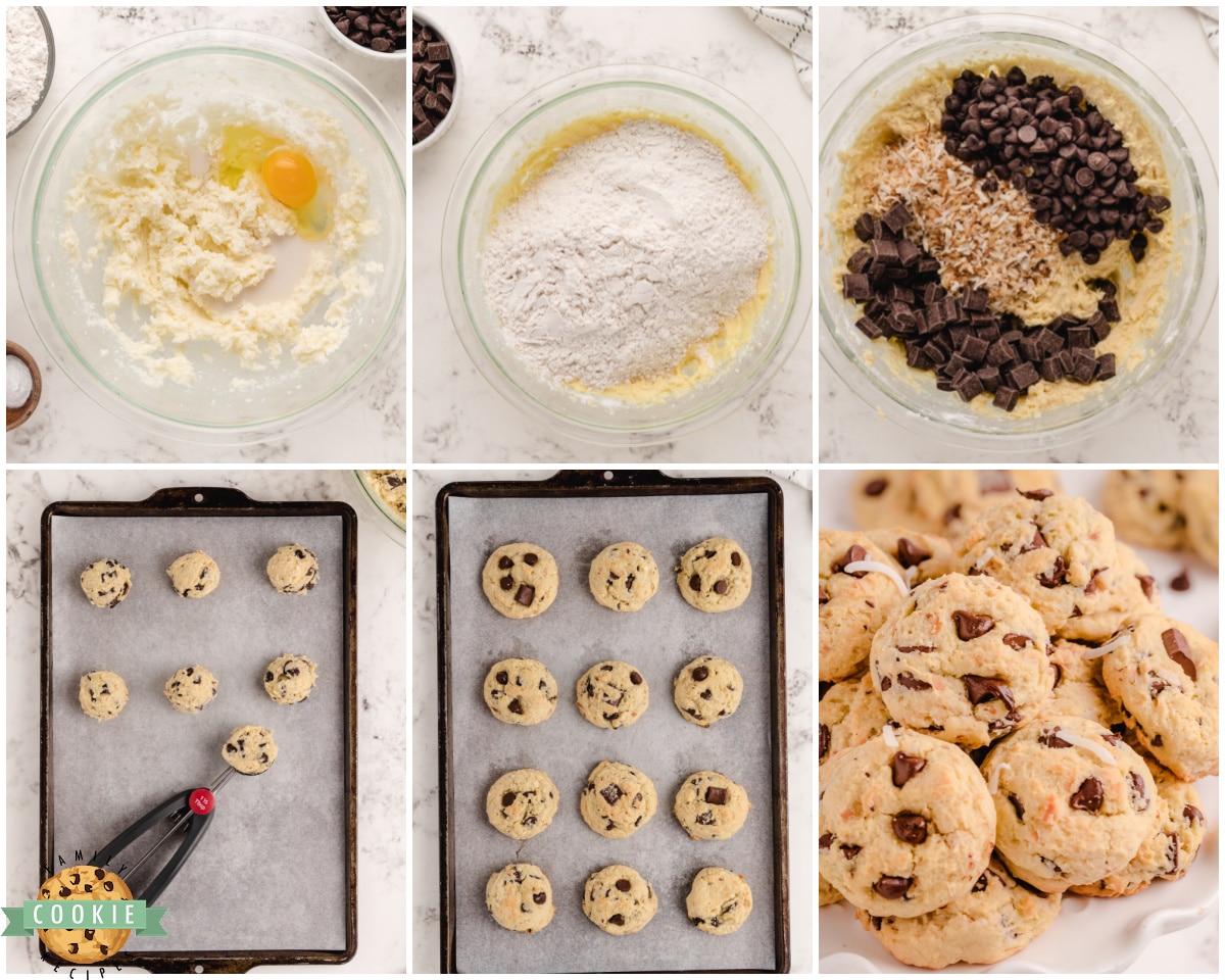 step by step photos showing how to make coconut chocolate chip cookies