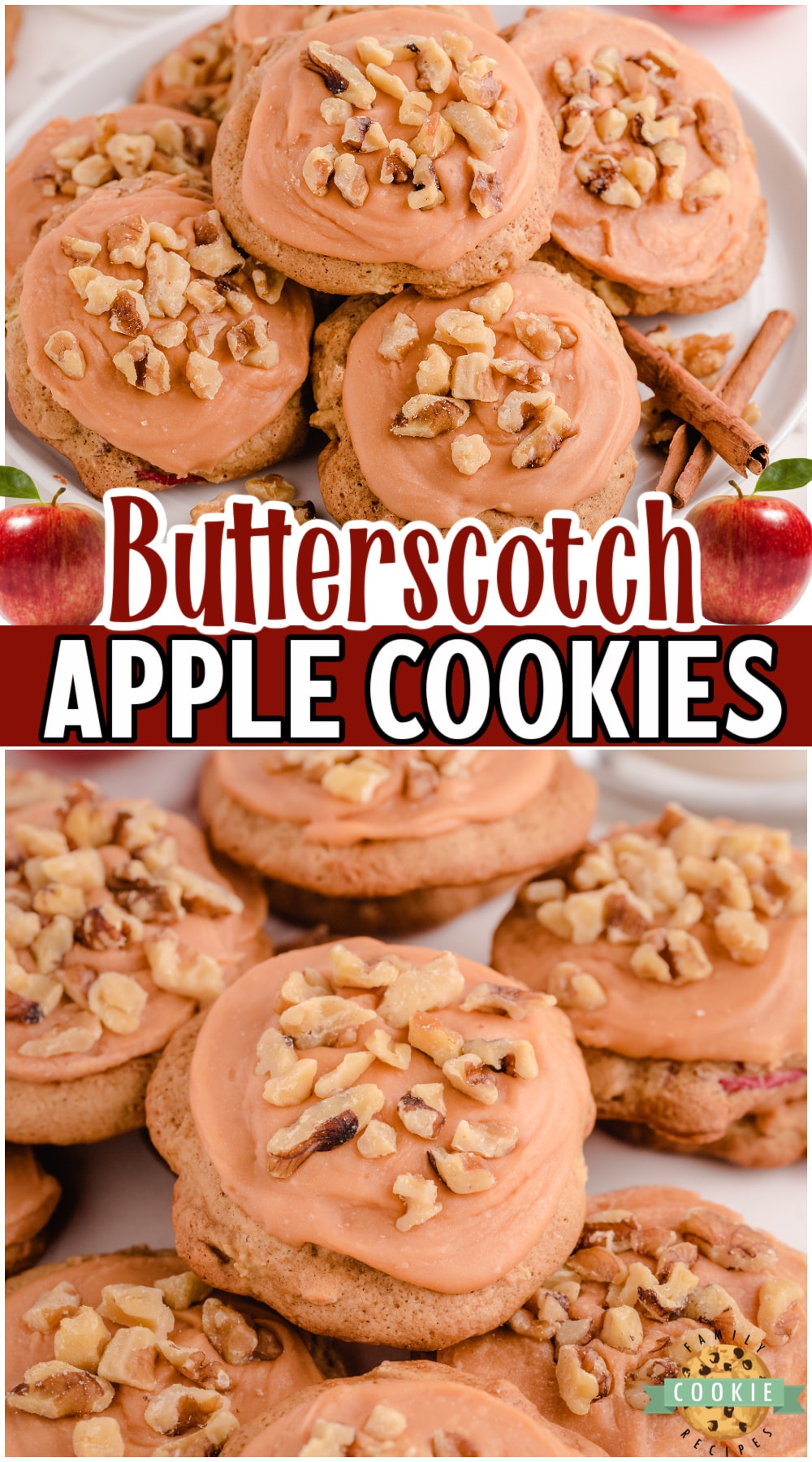 Butterscotch apple cookies are soft & chewy frosted cookies made with apples, brown sugar, butterscotch chips & cinnamon! Perfect apple cookie for anyone who craves Fall flavors. 