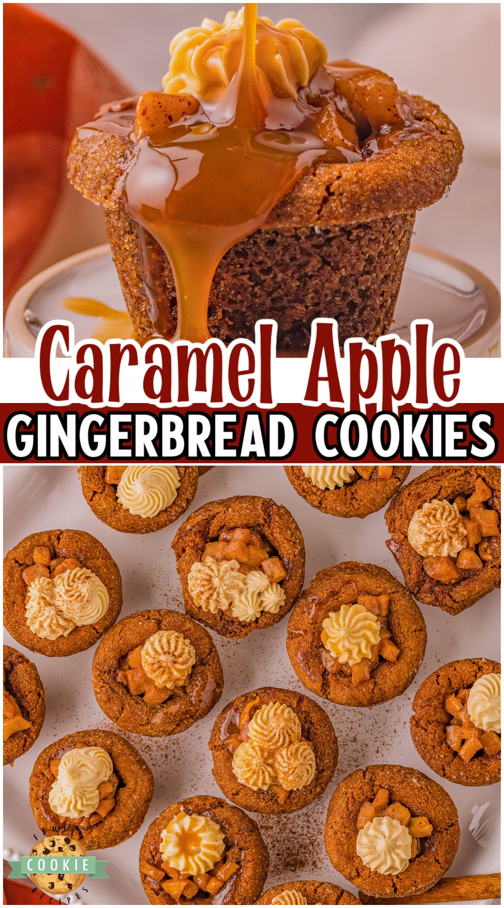 Caramel apple gingerbread cookie cups are made with apple filling inside a gingerbread cookie, topped with caramel cream cheese frosting & drizzled with caramel! This mashup of two classic desserts is a show stopper! via @buttergirls