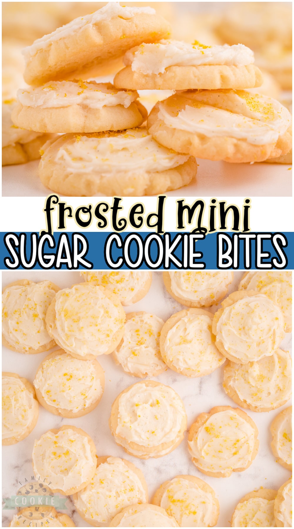 Frosted Mini Sugar Cookie Bites are cute & tasty one-bite soft sugar cookies! Simple cookie recipe that's perfect for a crowd! The creamy frosting is a must!