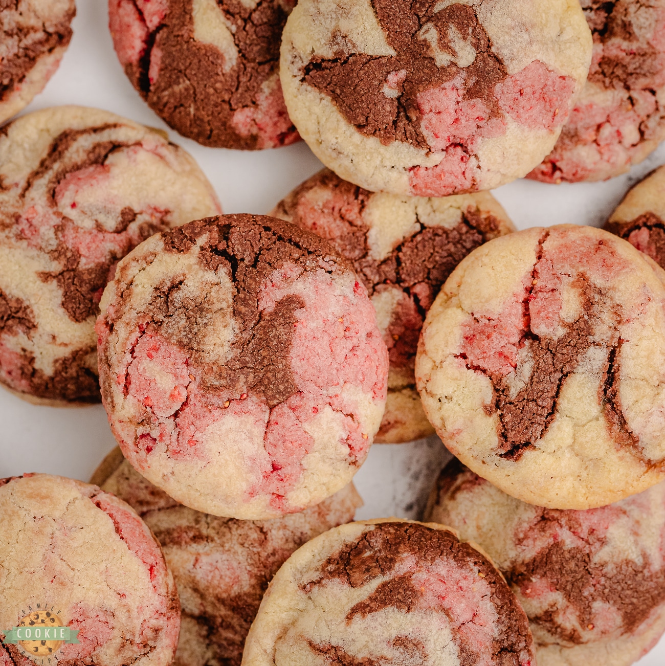 neapolitan cookies with swirls of chocolate, strawberry and vanilla cookie dough