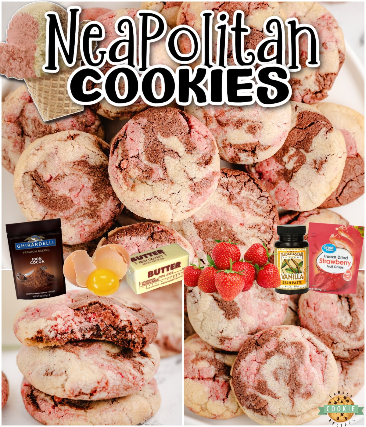 Neapolitan cookies are soft & chewy cookies that combine strawberry, chocolate & vanilla flavors, just like the popular ice cream flavor!