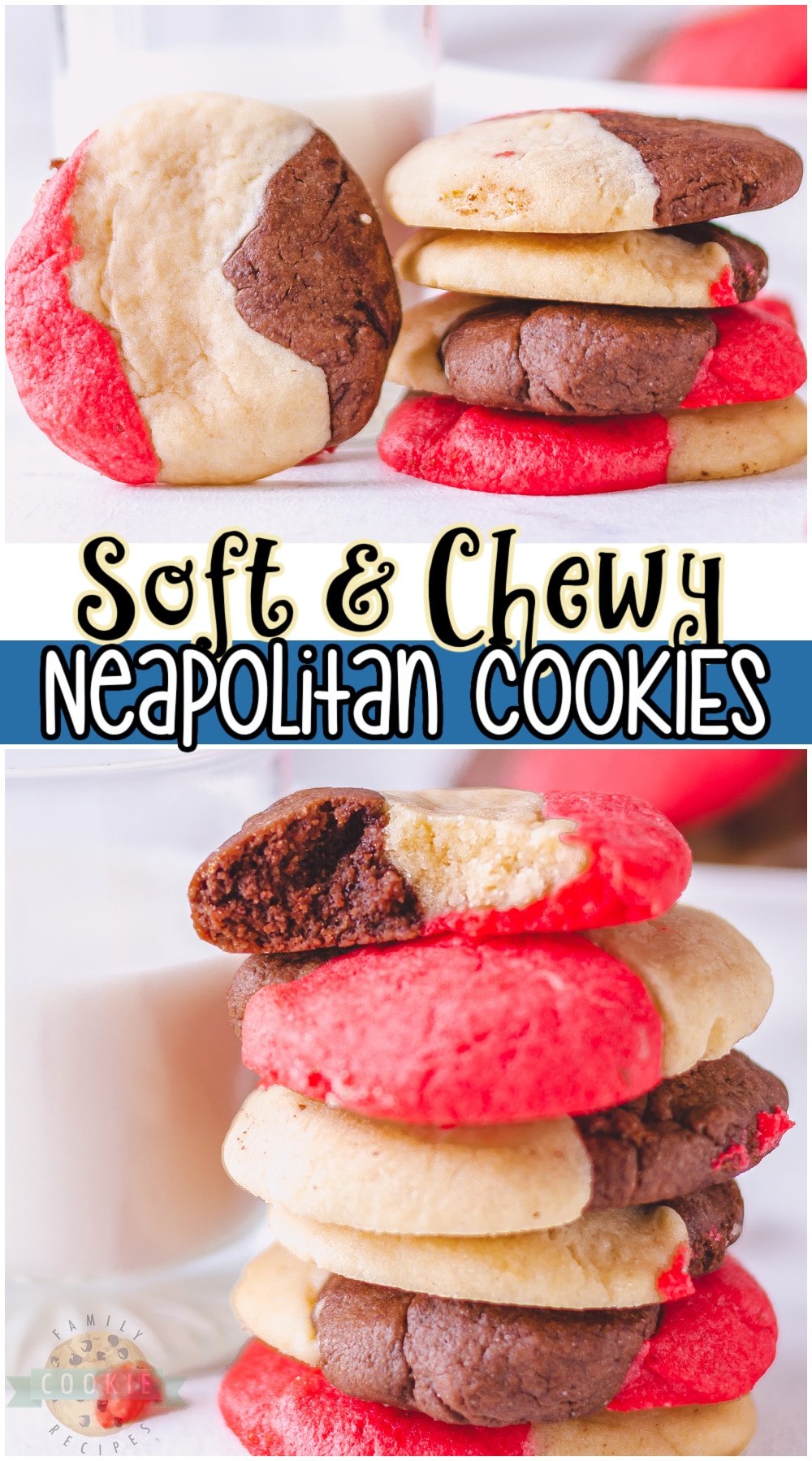 Neapolitan cookies are soft & chewy cookies that combine strawberry, chocolate & vanilla flavors! Just like the classic ice cream flavor, Neapolitan makes for a fun & tasty cookie recipe! 