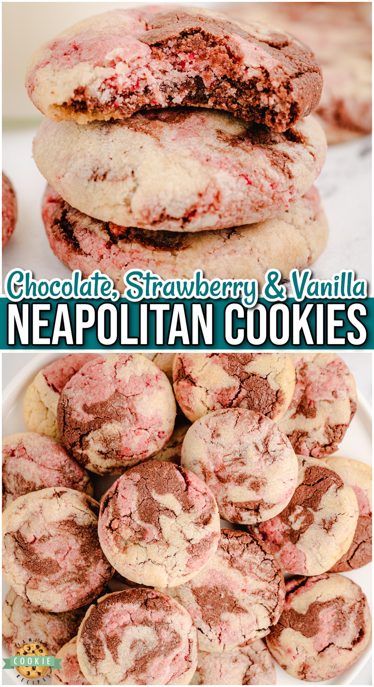 Neapolitan cookies are soft & chewy cookies that combine strawberry, chocolate & vanilla flavors, just like the popular ice cream flavor!