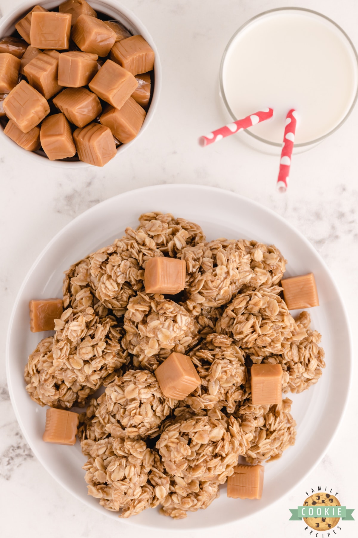 No bake cookies made with quick oats and melted caramel