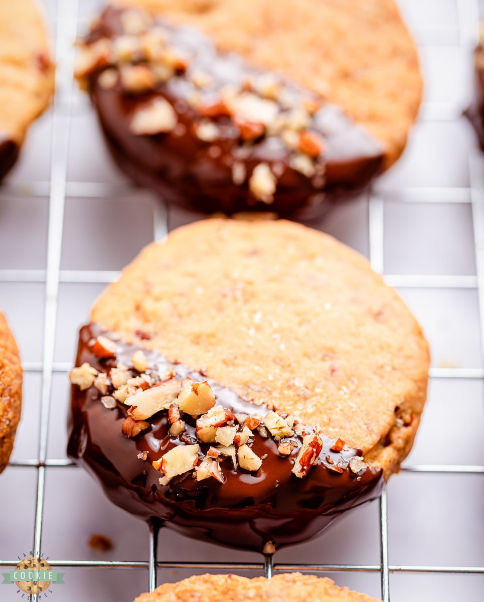 pecan sandies dipped in chocolate and sprinkled with pecans