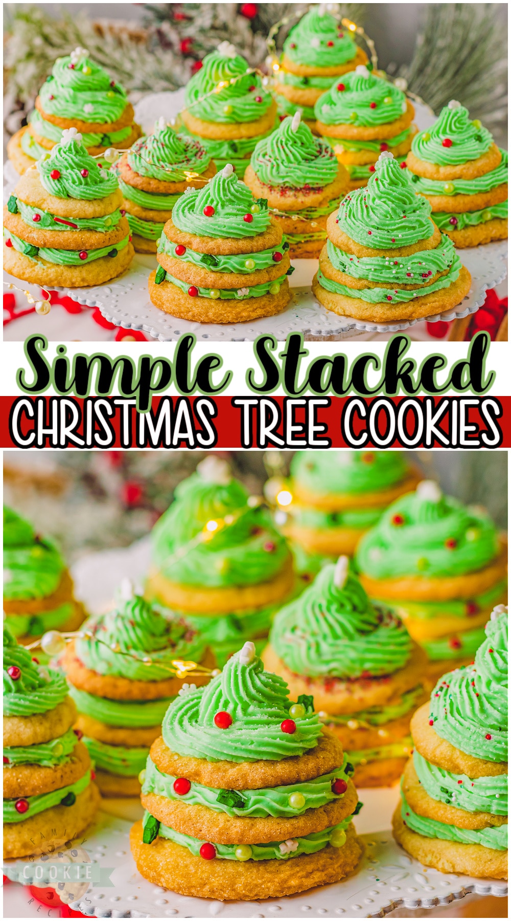 Fun & festive Christmas Tree Cookies are 3D Christmas trees in cookie form! Stacked layers of soft sugar cookies and green frosting, complete with sprinkles for ornaments complete the look of these cute holiday trees. 