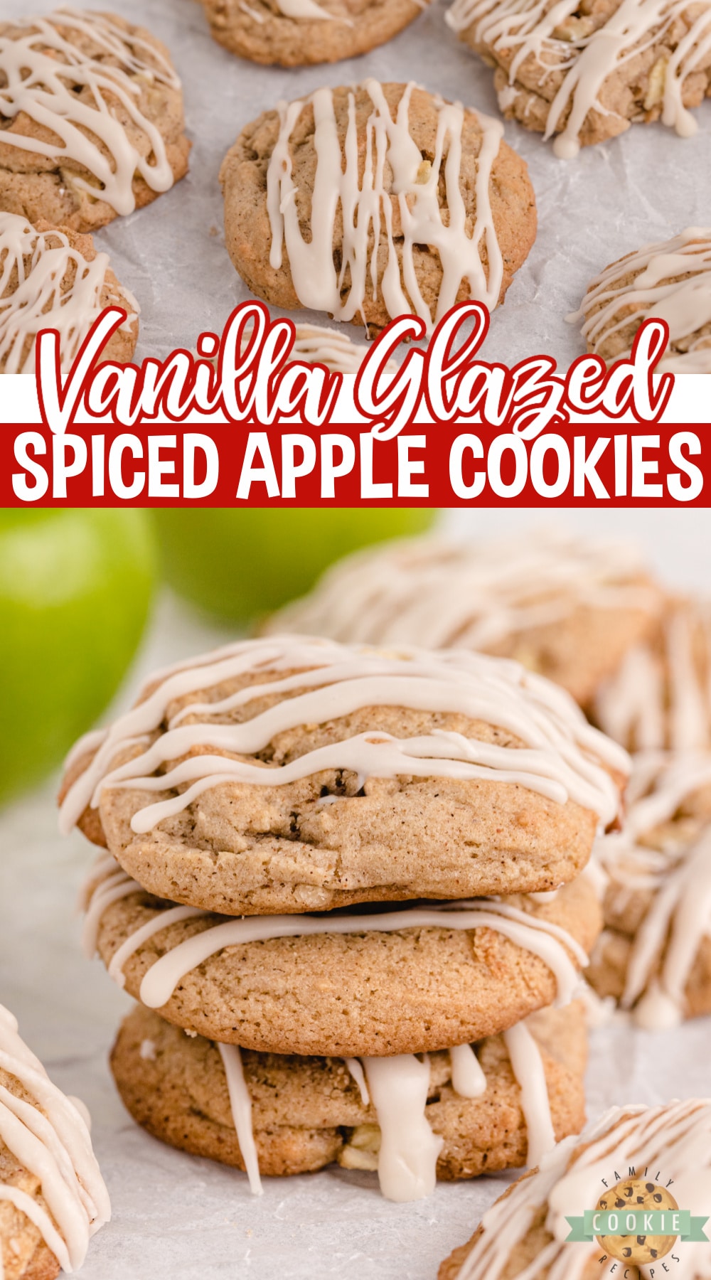 Vanilla Glazed Spiced Apple Cookies made with lots of spices, fresh apples and walnuts. Soft and chewy cookie recipe that is topped with a simple vanilla glaze.