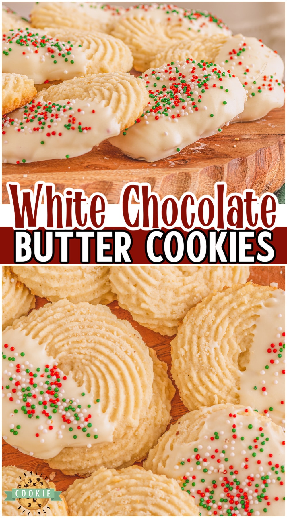 Classic White chocolate butter cookies made with buttery cookie dough and covered in white chocolate & sprinkles. Incredible shortbread cookie with a delicate texture and fantastic flavor! 