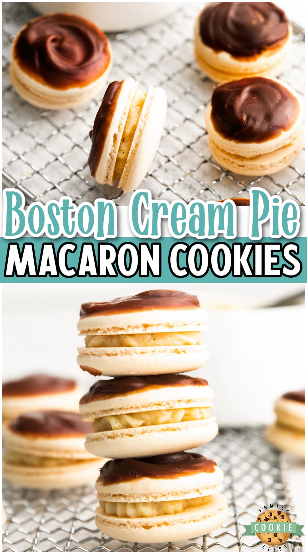 Boston cream pie macarons made with chewy macaron shells, custard filling & chocolate ganache. Delicate sandwich cookies that mimic delicious Boston Cream Pie! 