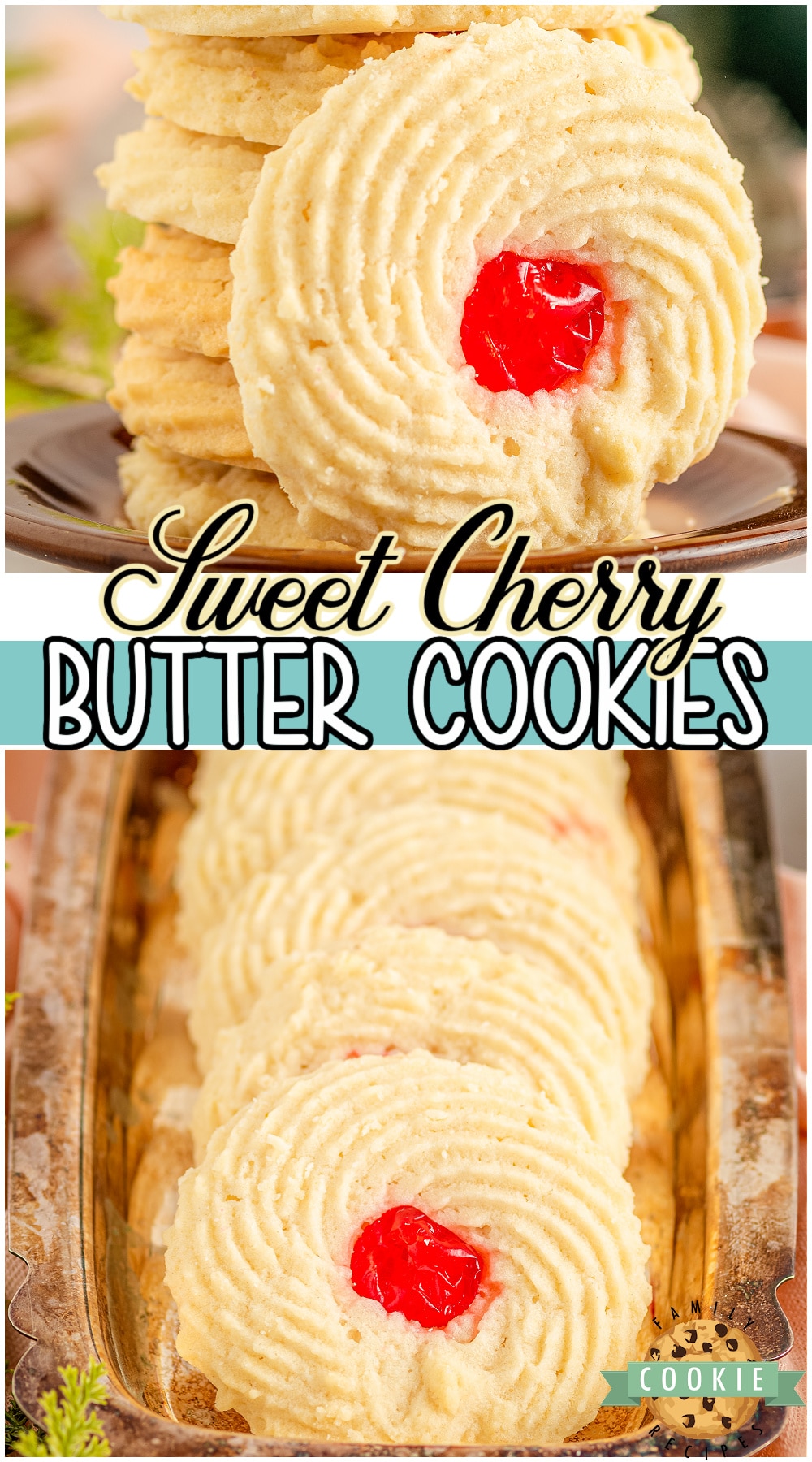 Cherry Butter Cookies made with classic ingredients & adorned with a simple cherry! Buttery crisp shortbread cookies topped with sweet cherries for a festive & delicious treat. 