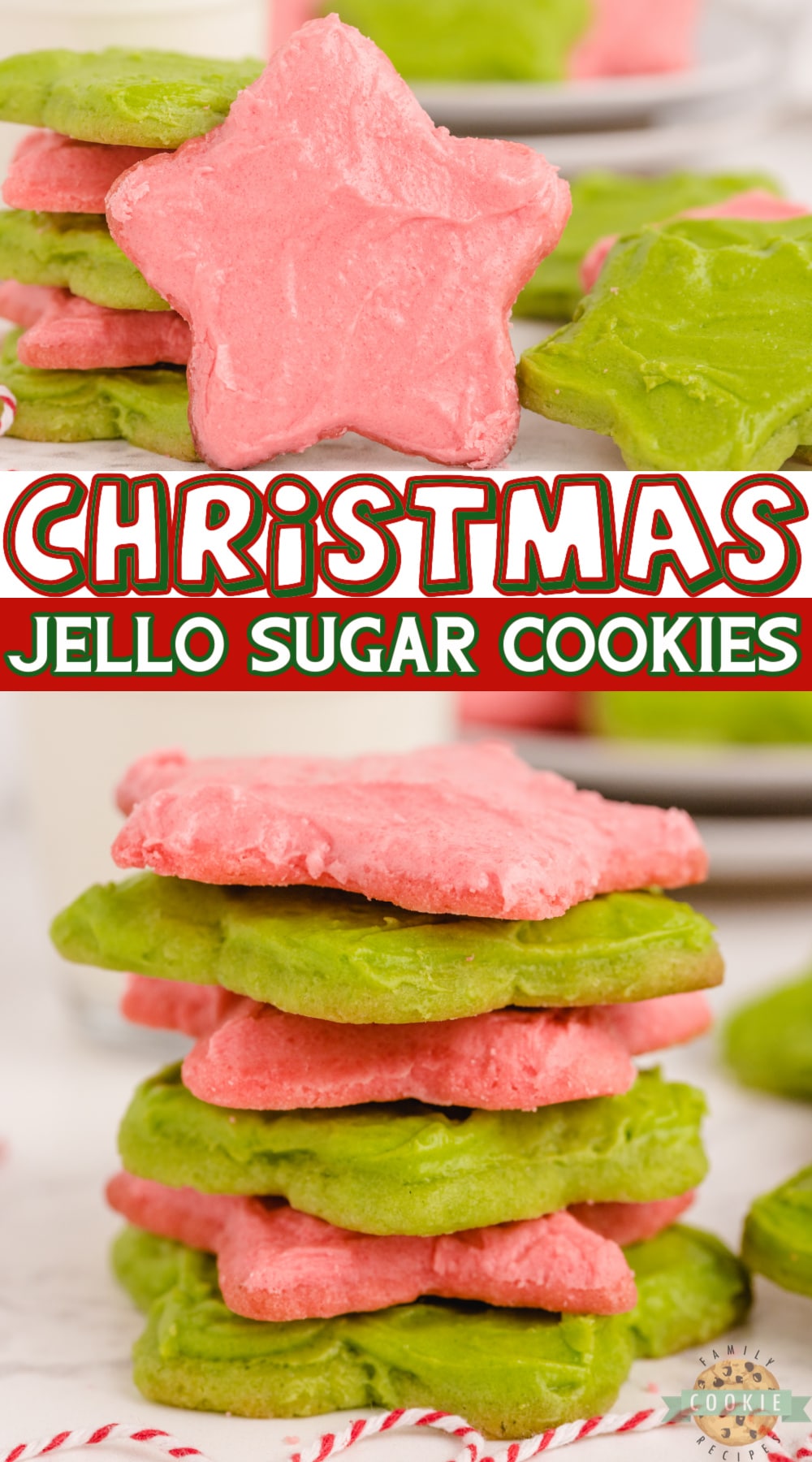Christmas Jello Sugar Cookies made with red and green Jello in the cookies and the frosting. Festive and flavorful cut-out sugar cookies that can be made with any flavor of Jello! 