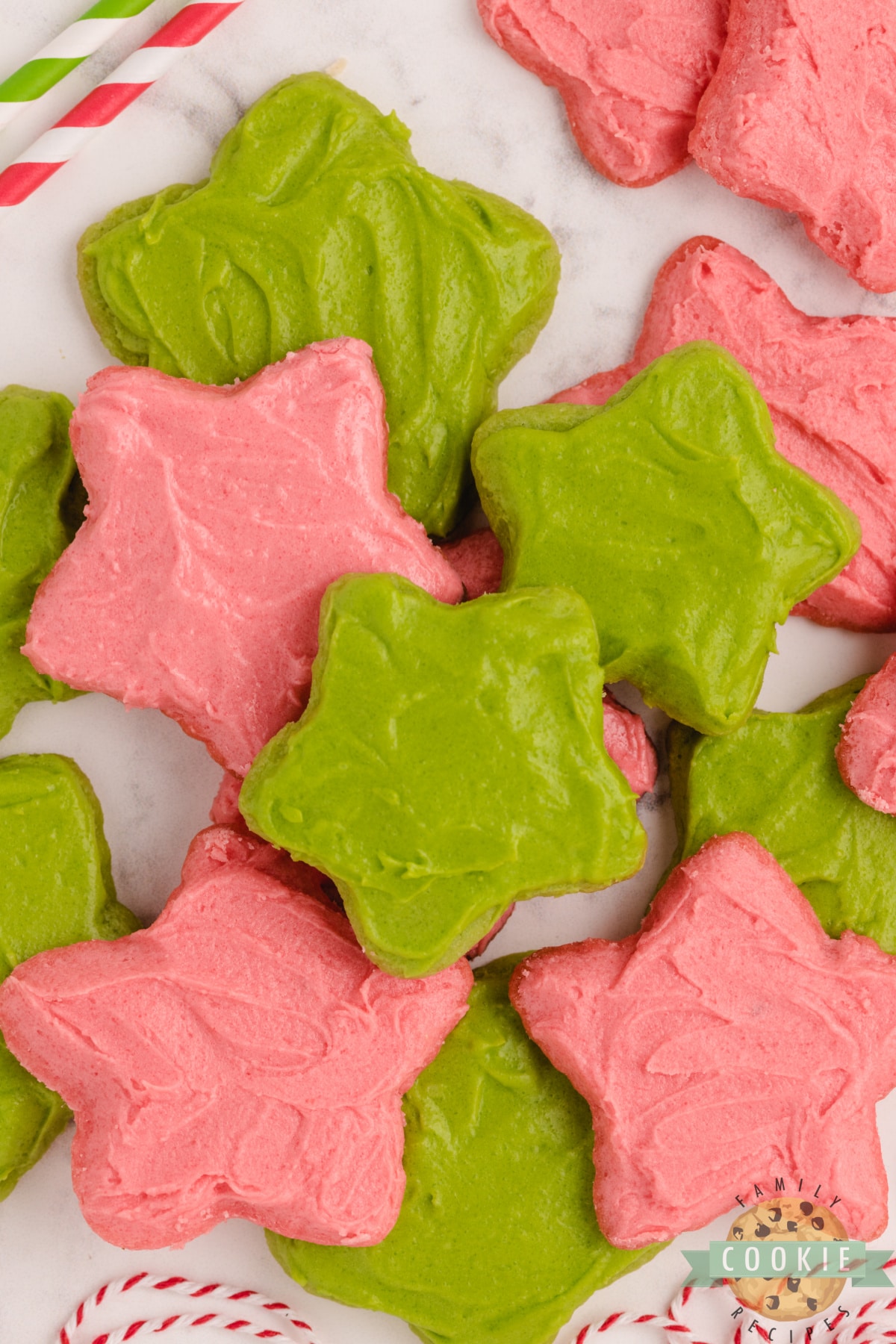 Cut-out sugar cookies made with red and green Jello for Christmas
