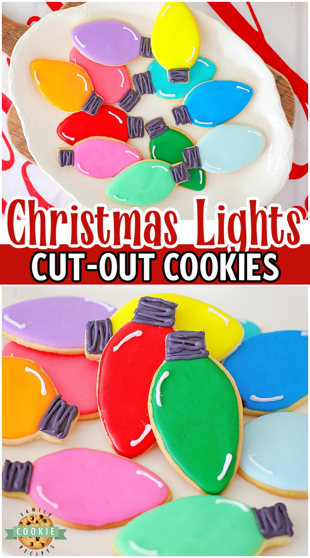 Festive Christmas light cut-out cookies are bright & colorful cookies perfect for Christmas trays! Simple butter cookies cut out, baked & frosted to look just like sparkly holiday lights on the tree! 