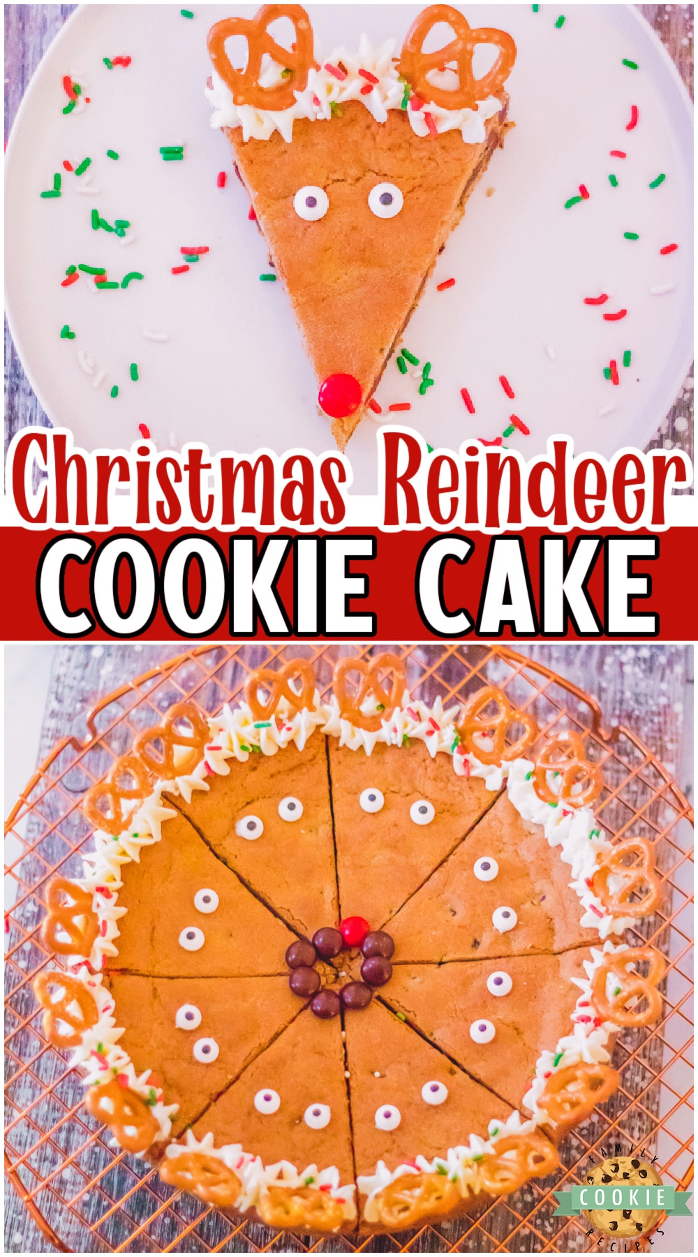 Christmas Reindeer Cookie Cake made with chocolate chip cookie dough & topped with simple candy to look like reindeer! Easy, festive holiday cookie cake that's Rudolph approved!  via @buttergirls