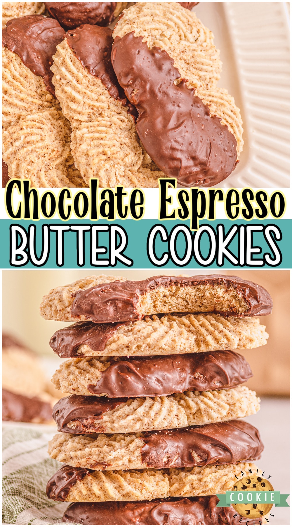 Espresso butter cookies are buttery tender cookies spiked with espresso powder & dipped in chocolate! Fantastic flavor in these gorgeous cookies perfect for Christmas trays! 