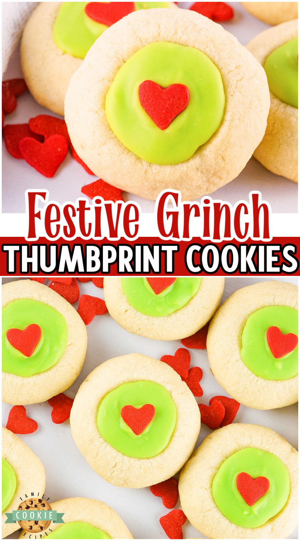 The Grinch may have stolen Christmas but these cookies will steal your hearts! Fun & Festive Grinch Thumbprint Cookies made with green chocolate filling & topped with a red heart sprinkle! 