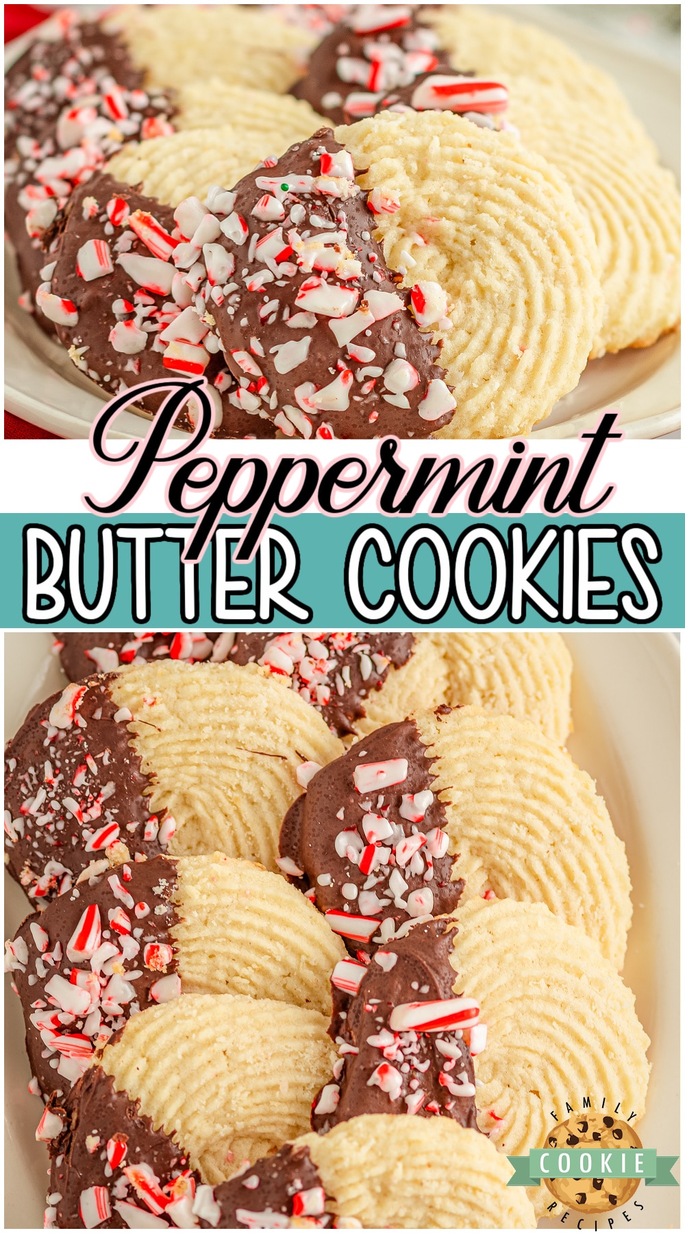 Peppermint butter cookies made easy with classic ingredients, then dipped in chocolate and sprinkled with peppermint! Delicious flavor in these buttery crisp, delicate Christmas cookies!
