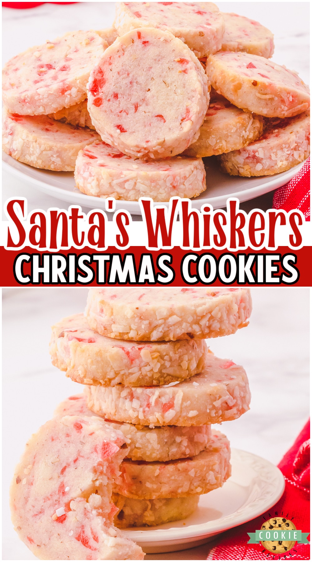 Santa's Whiskers Cookies are buttery cookies made with sweet cherries & pecans, then rolled in coconut for the classic look! Delicious slice and bake shortbread cookies made festive for Christmas! 