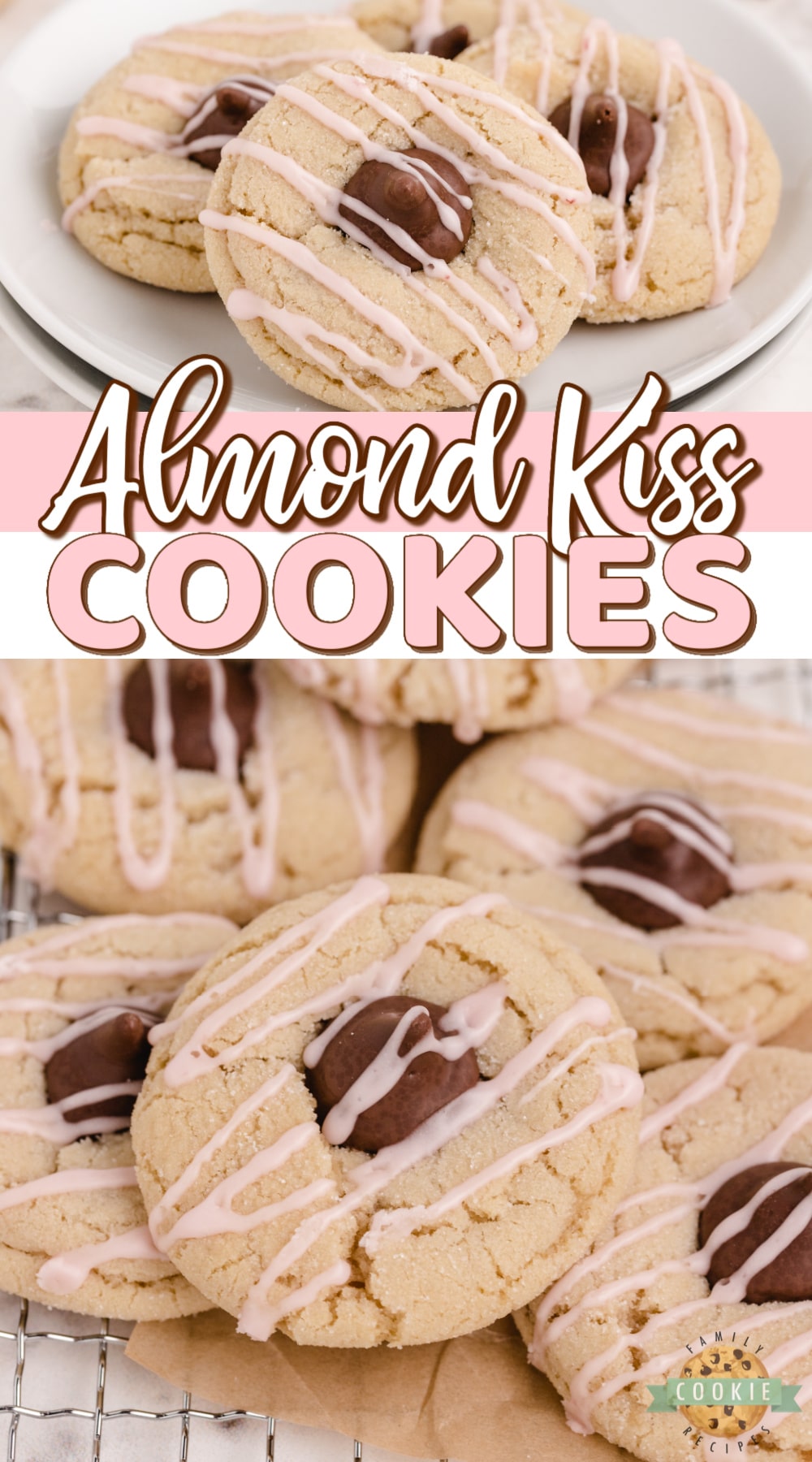 Almond Kiss Cookies made with almond extract and Hershey kisses with almonds! Drizzled with a simple raspberry glaze, these make a fantastic alternative to the traditional peanut butter blossoms!