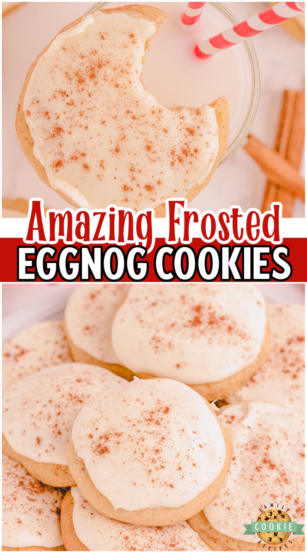 Frosted Eggnog Cookies made with classic ingredients, including holiday eggnog! Perfectly sweet with a bit of spice, these Christmas cookies are frosted with an eggnog buttercream that everyone loves! 