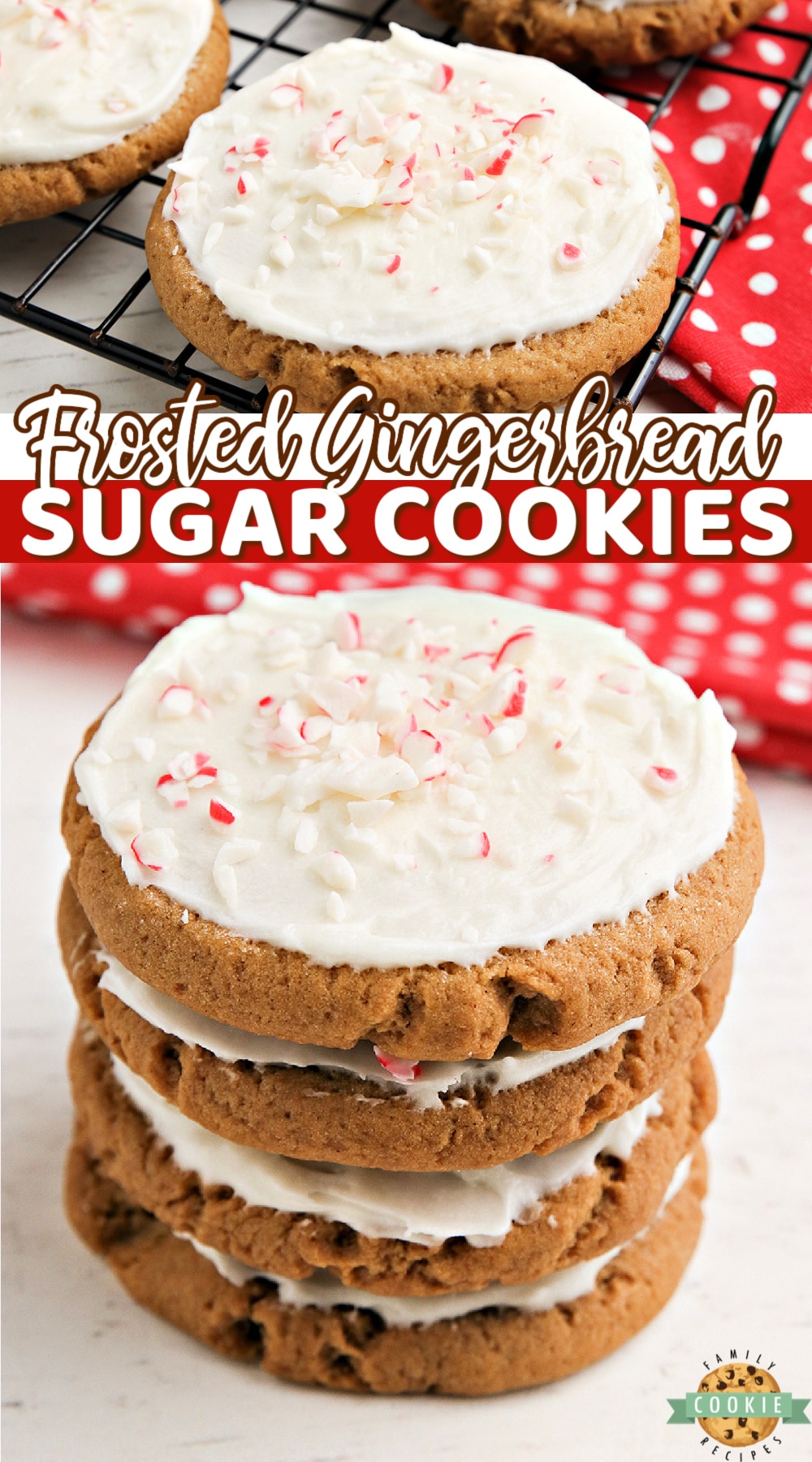 Frosted Gingerbread Sugar Cookies are soft, chewy and packed with spice and flavor. These delicious gingerbread cookies don't require any chilling, rolling out or cutting and they are frosted with a simple buttercream frosting. 