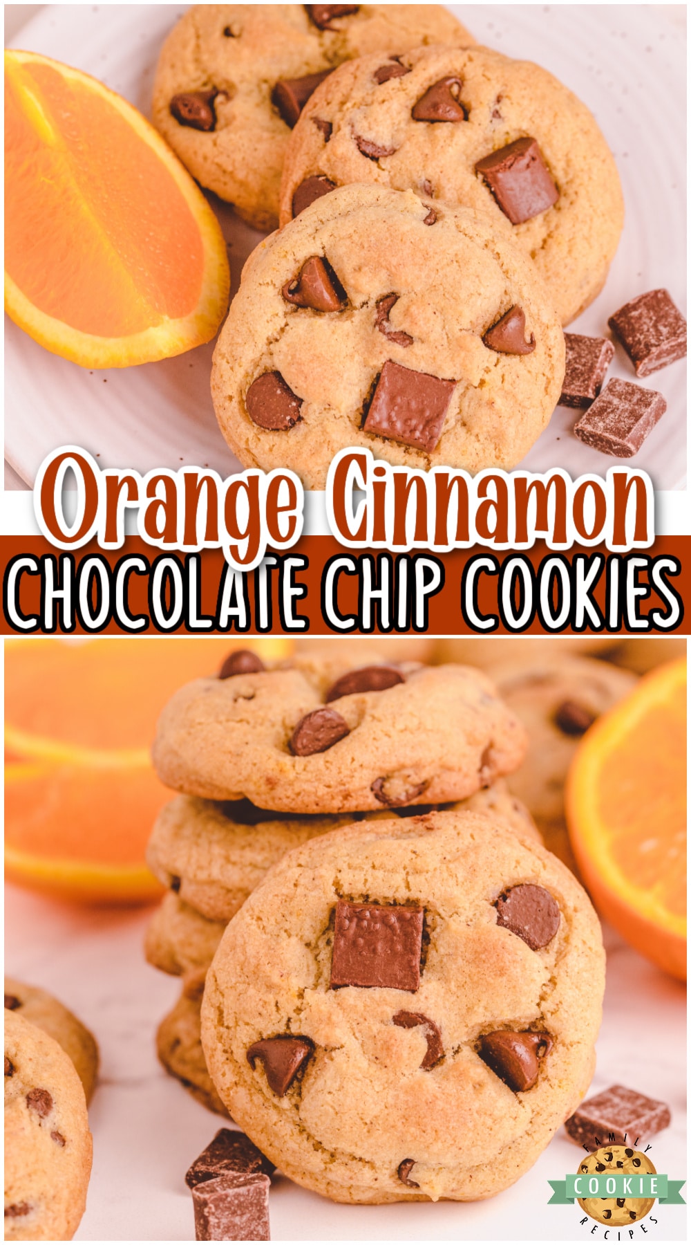 Orange Cinnamon chocolate chip cookies are a wonderful variation on a classic that's perfect for the holidays! Warm cinnamon flavor blends perfectly with bright citrus to compliment these buttery chocolate chip cookies.