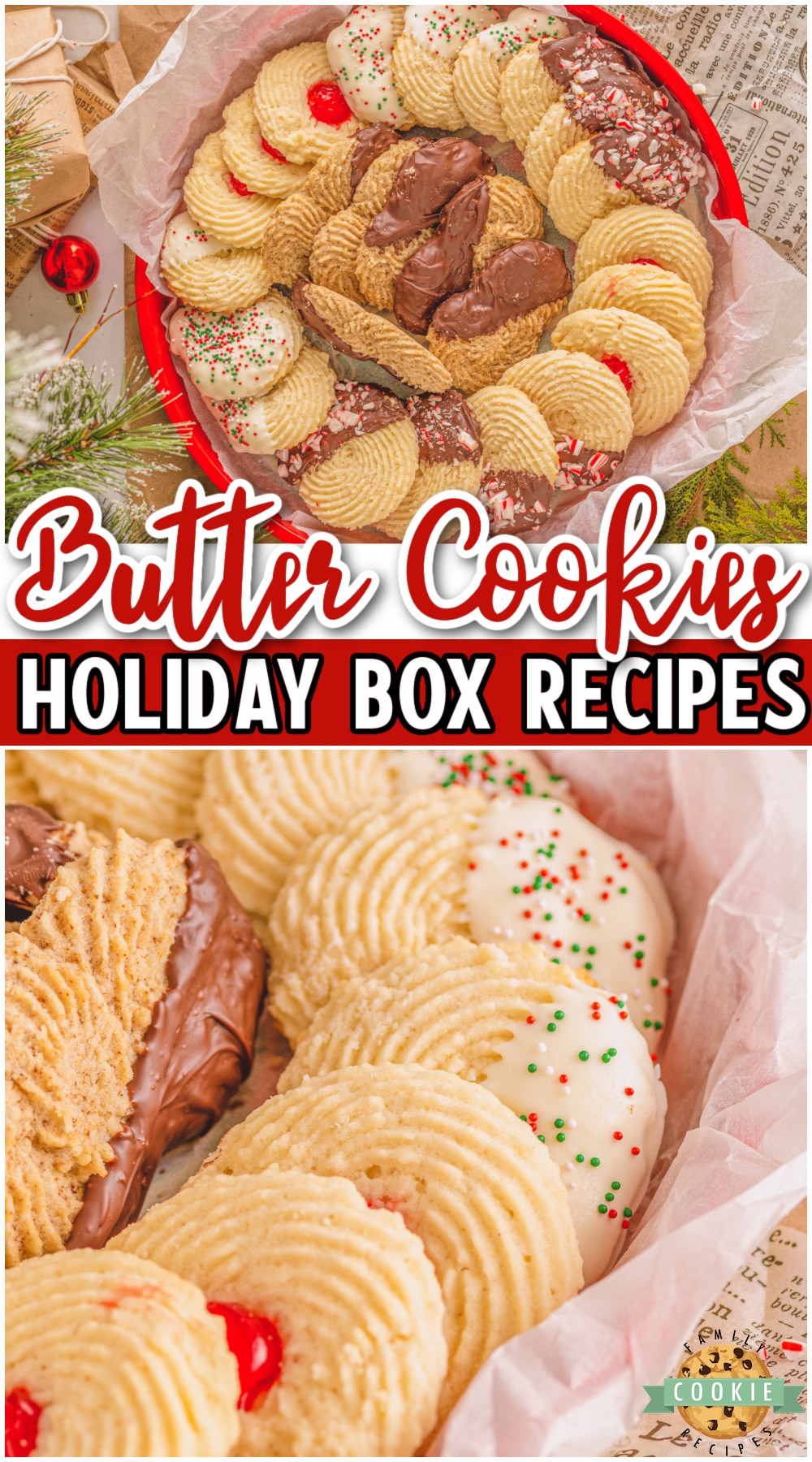 Homemade Butter Cookie Box complete with a basic butter cookie recipe and 4 delicious variations! Tender, buttery cookies in a lovely festive box perfect for holiday gifts!  via @buttergirls