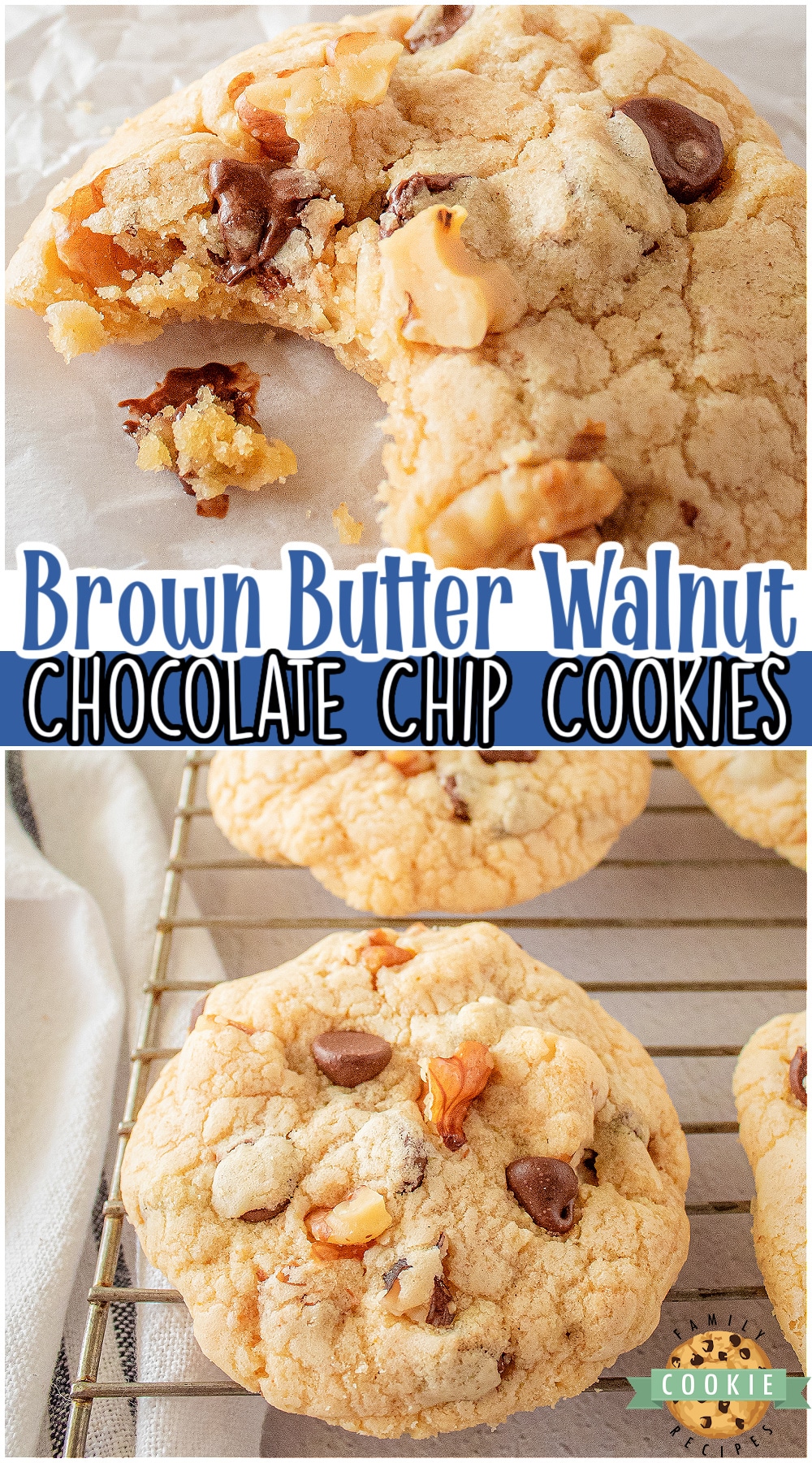 Brown Butter Walnut Chocolate Chip Cookies are classic chocolate chip cookies with a twist! We used browned butter & added walnuts for fantastic flavor and texture. These Chocolate Chip Walnut Cookies are soft & chewy with delicious buttery flavor; try them!