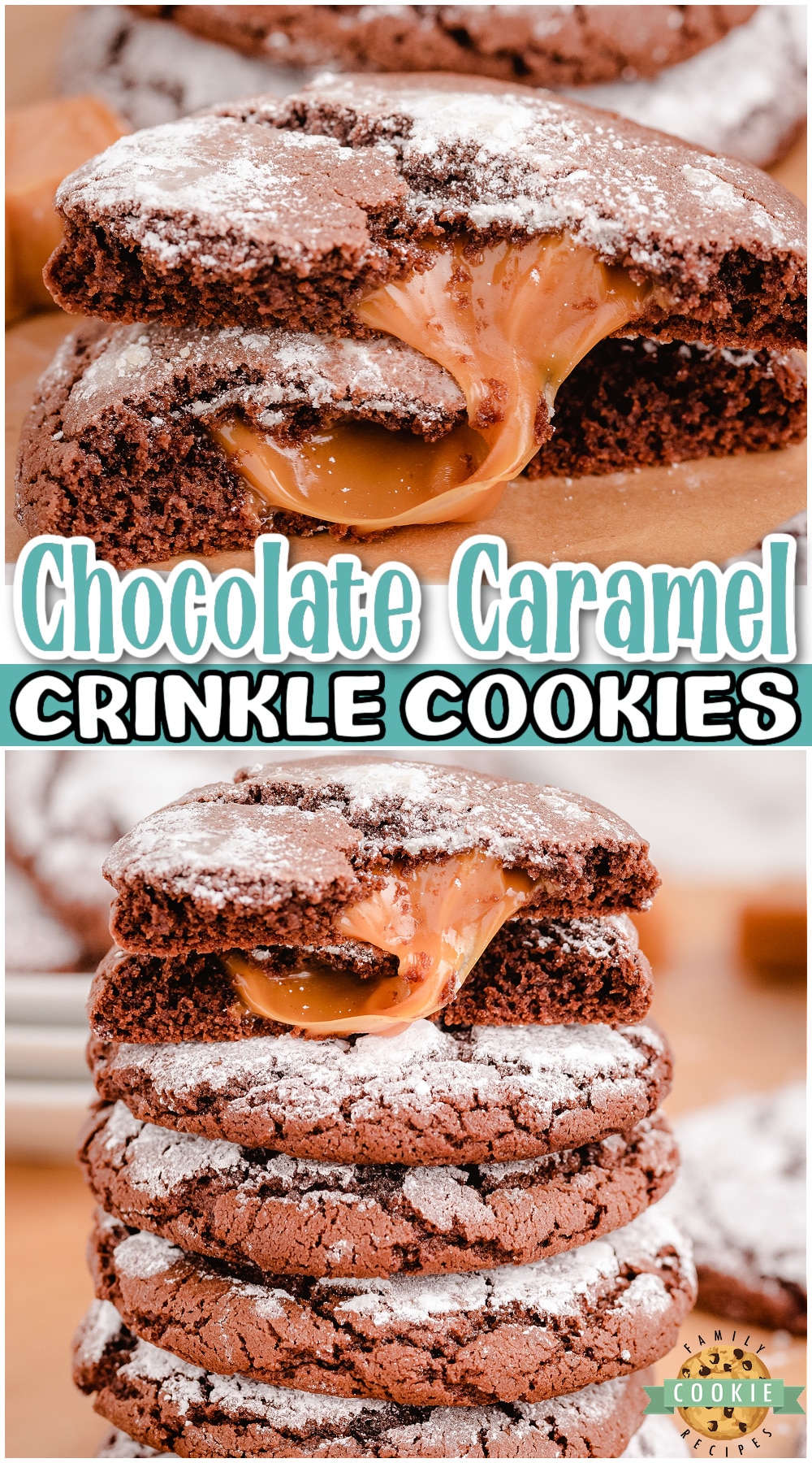 Caramel Chocolate Crinkle Cookies are a decadent combination of chewy caramel and soft chocolate cookies rolled in sweet powdered sugar. Fantastic twist on classic crinkle cookies that everyone loves!