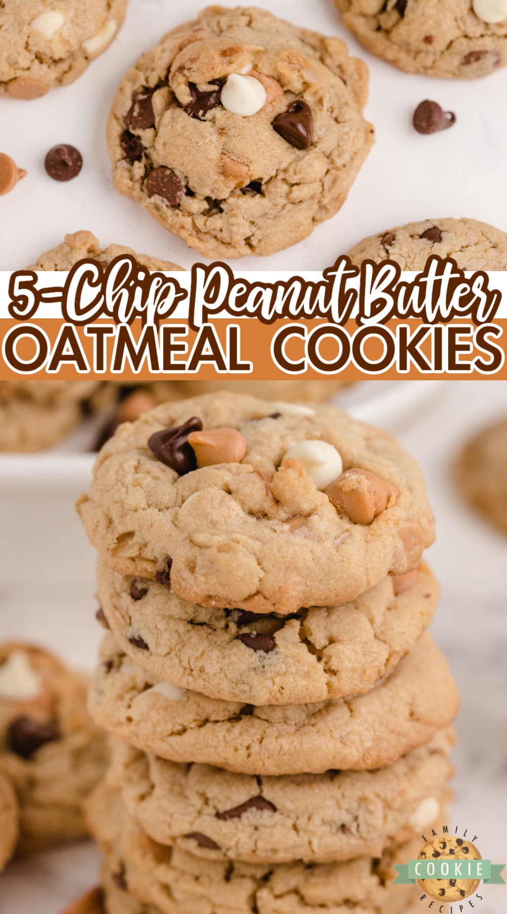 Five Chip Peanut Butter Oatmeal Cookies are soft, chewy and filled with five different kinds of baking chips! Milk chocolate, semisweet chocolate, peanut butter, vanilla and butterscotch chips make these oatmeal peanut butter cookies absolutely amazing! via @buttergirls