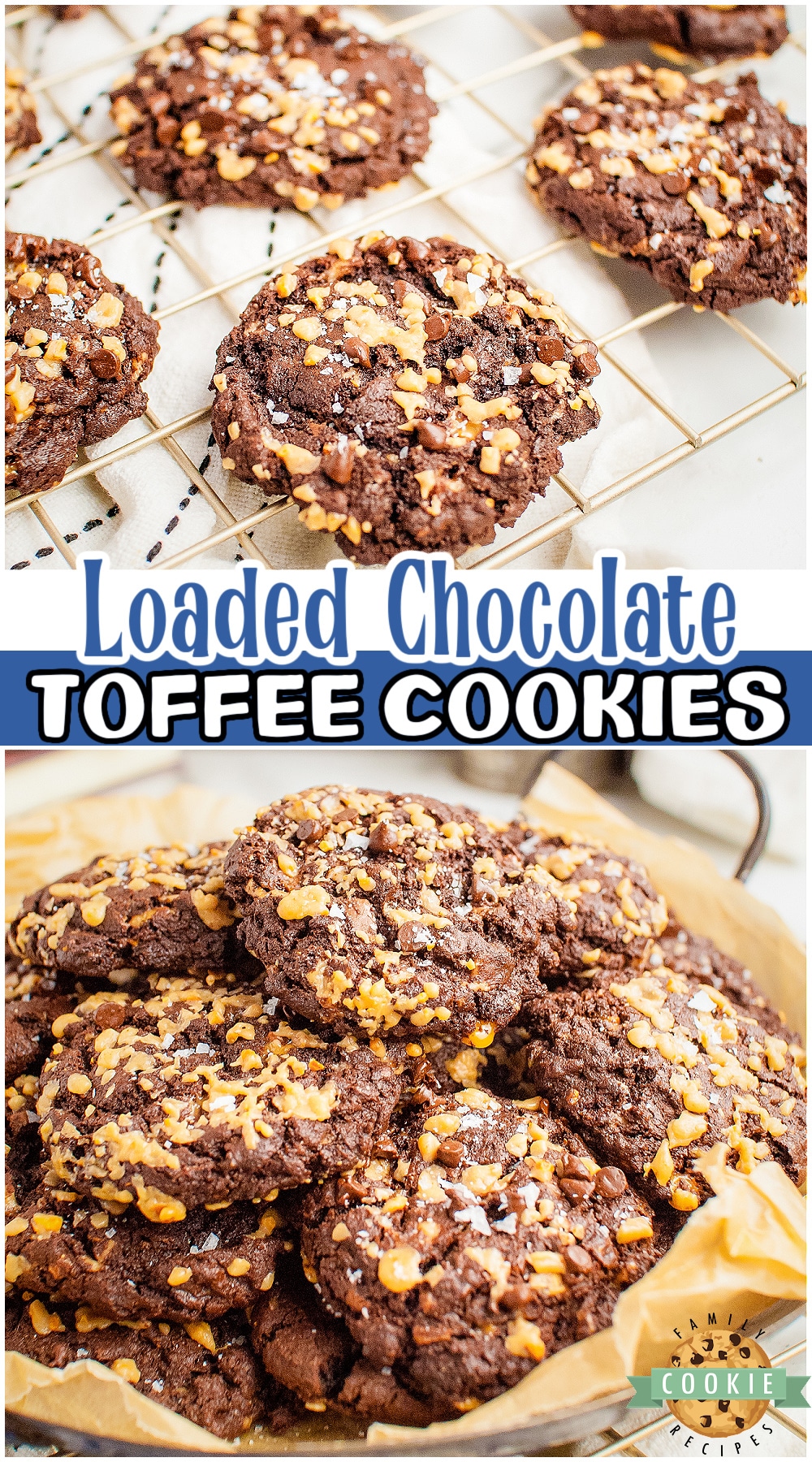 Loaded Chocolate Toffee Cookies made with double the chocolate and toffee! Great chocolate flavor & buttery toffee crunch in this simple toffee cookie recipe!
