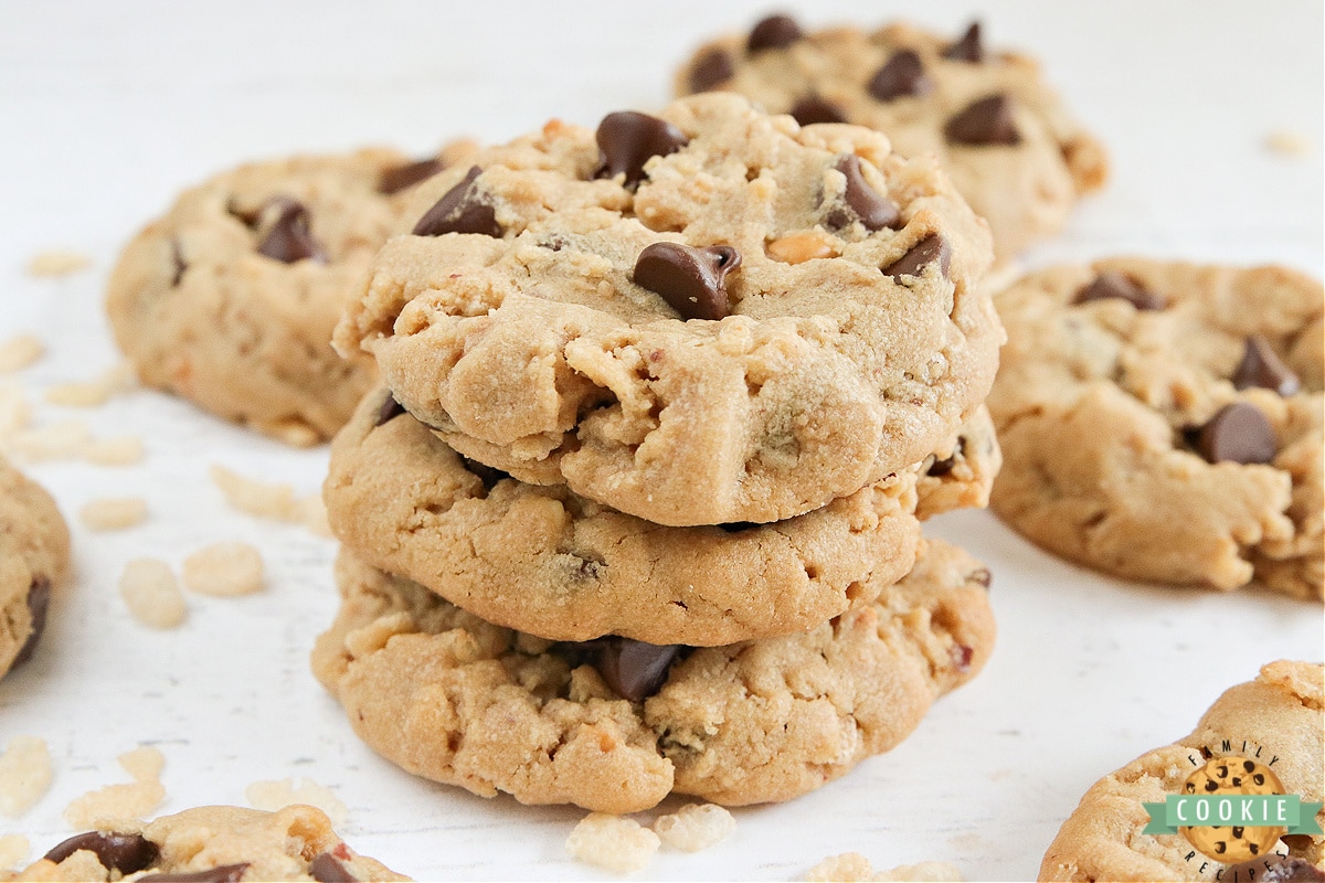 Thick and soft peanut butter cookies with crispy rice cereal and chocolate chips