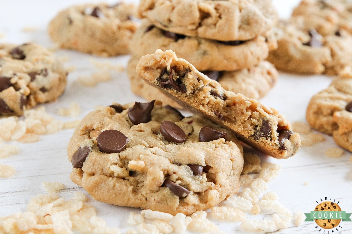 Thick and soft peanut butter cookies made with chocolate chips and Rice Krispies