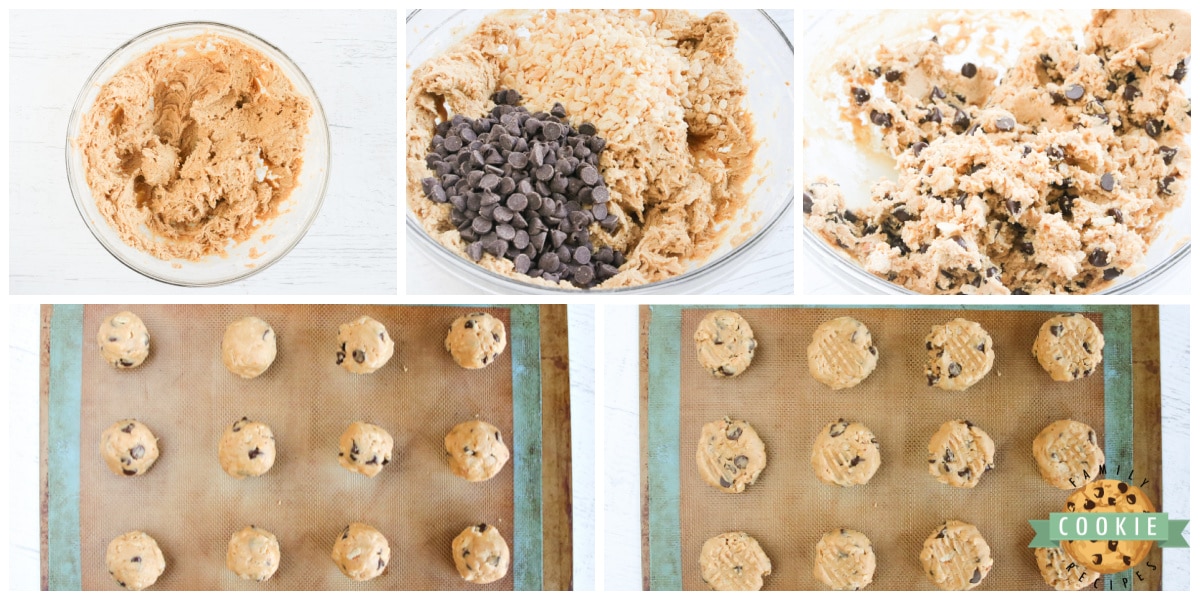Step by step instructions on how to make Rice Krispie Chocolate Chip Peanut Butter Cookies
