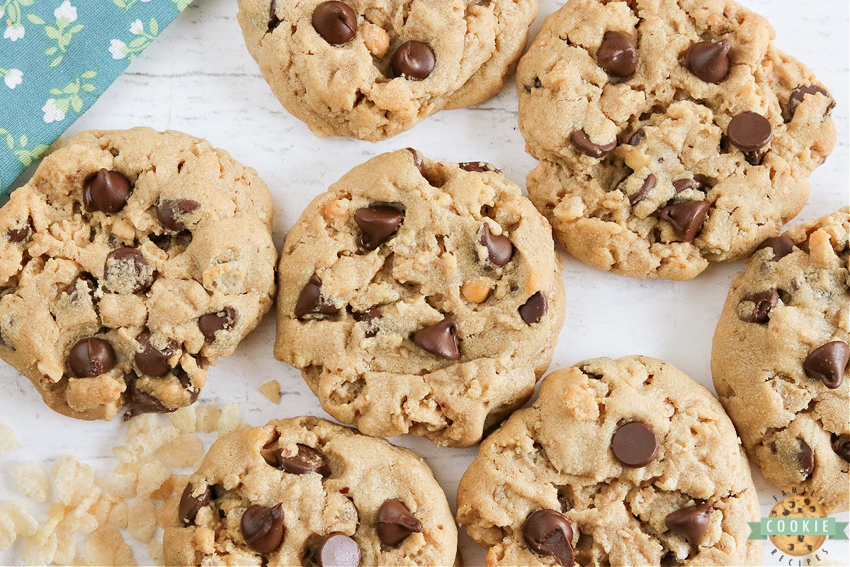 Peanut butter cookies with chocolate chips and Rice Krispies