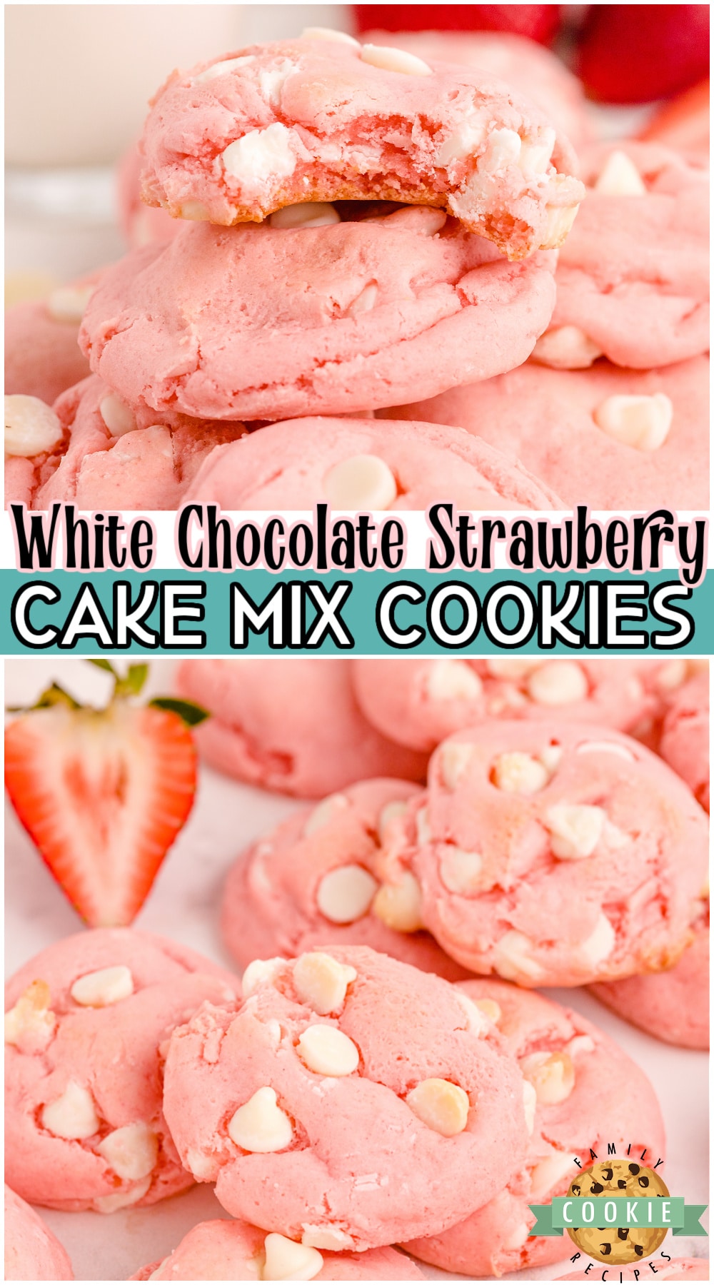 White Chocolate Strawberry Cake Mix Cookies are soft & chewy cookies that need just 4 ingredients! Lovely pink Strawberry Cake Mix cookie recipe that needs a cake mix, 2 eggs, oil and white chocolate chips! via @buttergirls
