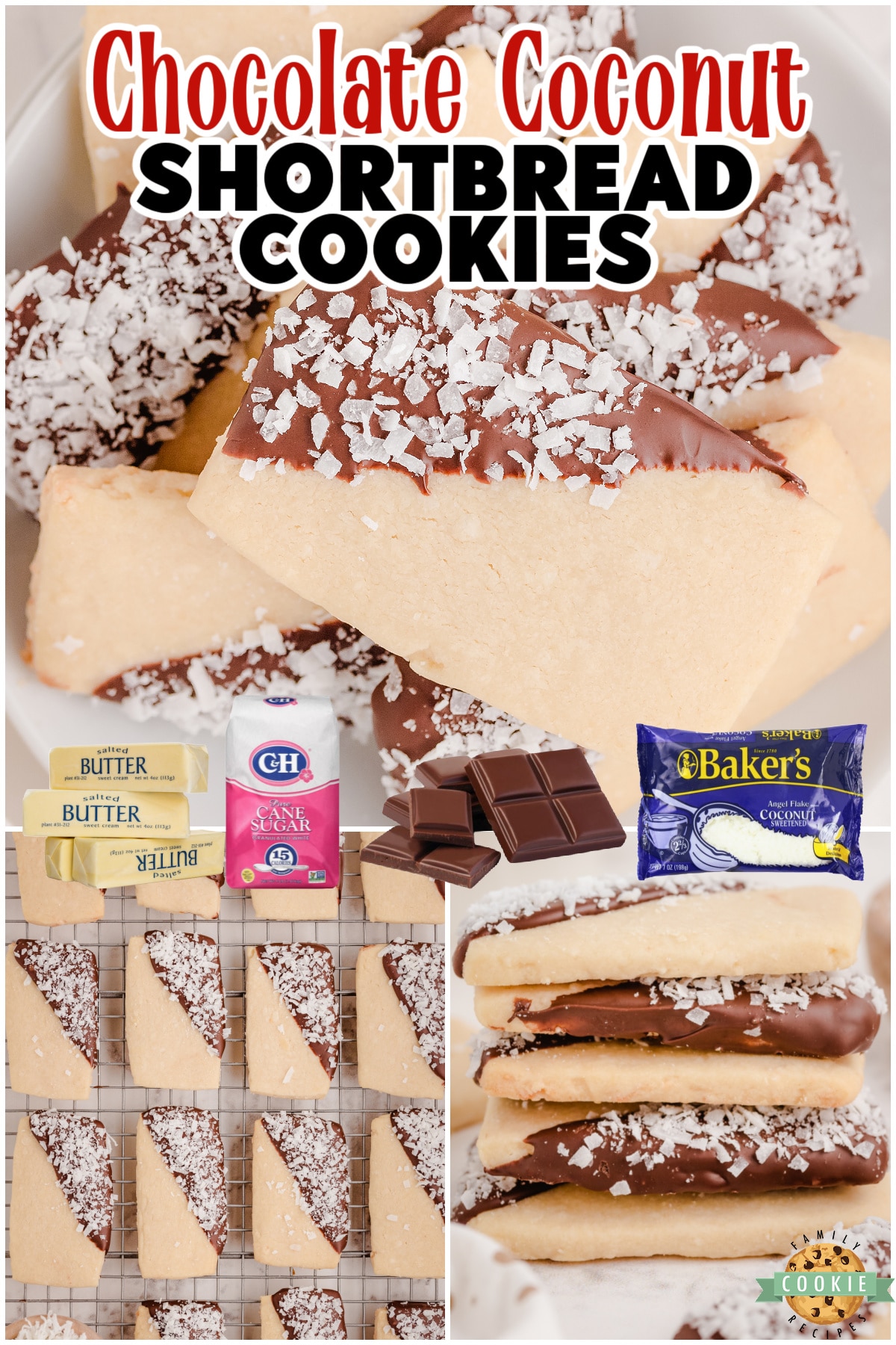 Coconut shortbread cookies are buttery, crisp shortbread cookies with fantastic coconut flavor! They're dipped in chocolate & dusted with more coconut for a delicious cookie combination.