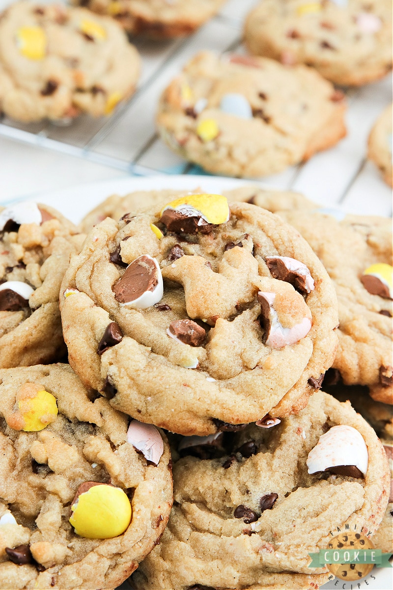 Cadbury Mini Egg Cookies are soft, chewy and filled with your favorite Easter candy! Delicious cookie recipe made with chocolate chips and crushed Cadbury Mini Eggs. 